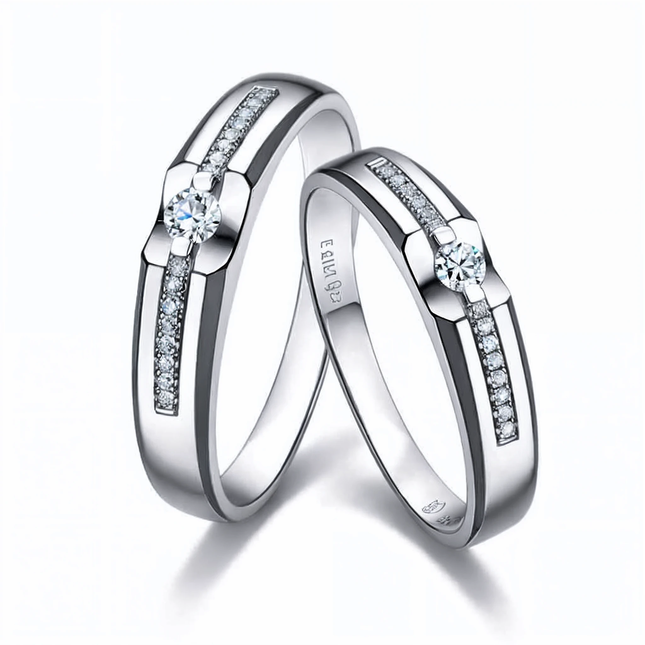 Two wedding rings set with diamonds, Nipple Ring, nordic wedding ring, platinum jewellery, white gold black, The ring is horizontal, point finger with ring on it, Gorgeous white diamonds, Different close-up views, modern”, silver trinkets, “diamonds, ring lit, magic ring with a diamond, adolable, engagement ring ads, close look, front side views full, jewelry photography