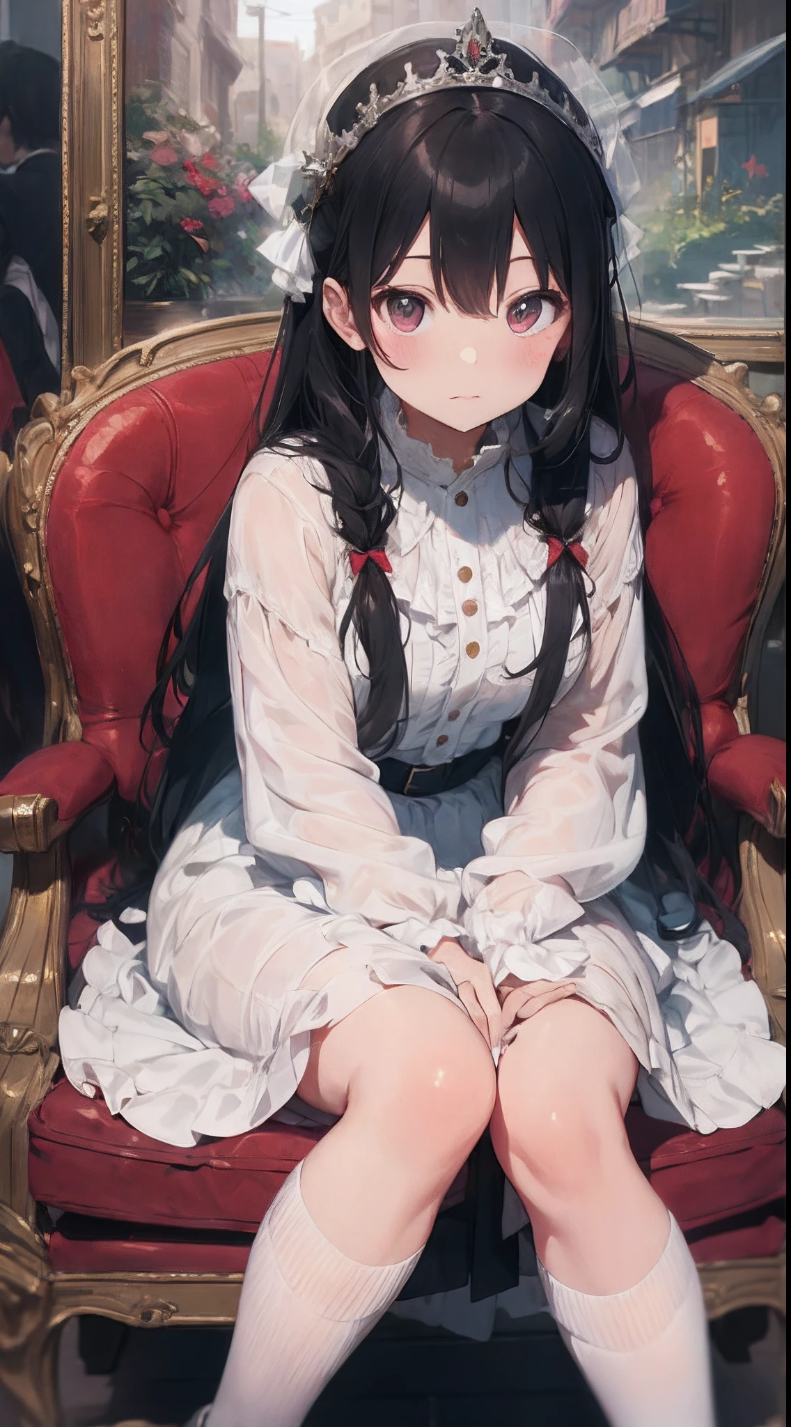 Big magic stick、long-sleeve、Long length dresses、Ankle-length skirt length、Socks with ankle-length ruffles、White dress with high neck with excess frills、Cute shape dress、absurderes、Smooth hair、Close up portrait of teenage princess with white gloves、The King's Audience Room、Luxurious chairs、Red Jutan、Lavishly decorated walls、Gorgeous light、back lighting、Blur the background