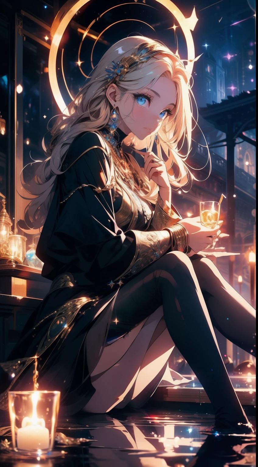 masterpiece, best quality, 1girl, gorgeous, spell, witch, holding circle, earth, planet, reflections, depth, bokeh, traced lights, peace, peacefull, sitting, expressive eyes, blue eyes, glow eyes,(beautiful scenery),(perfect face),