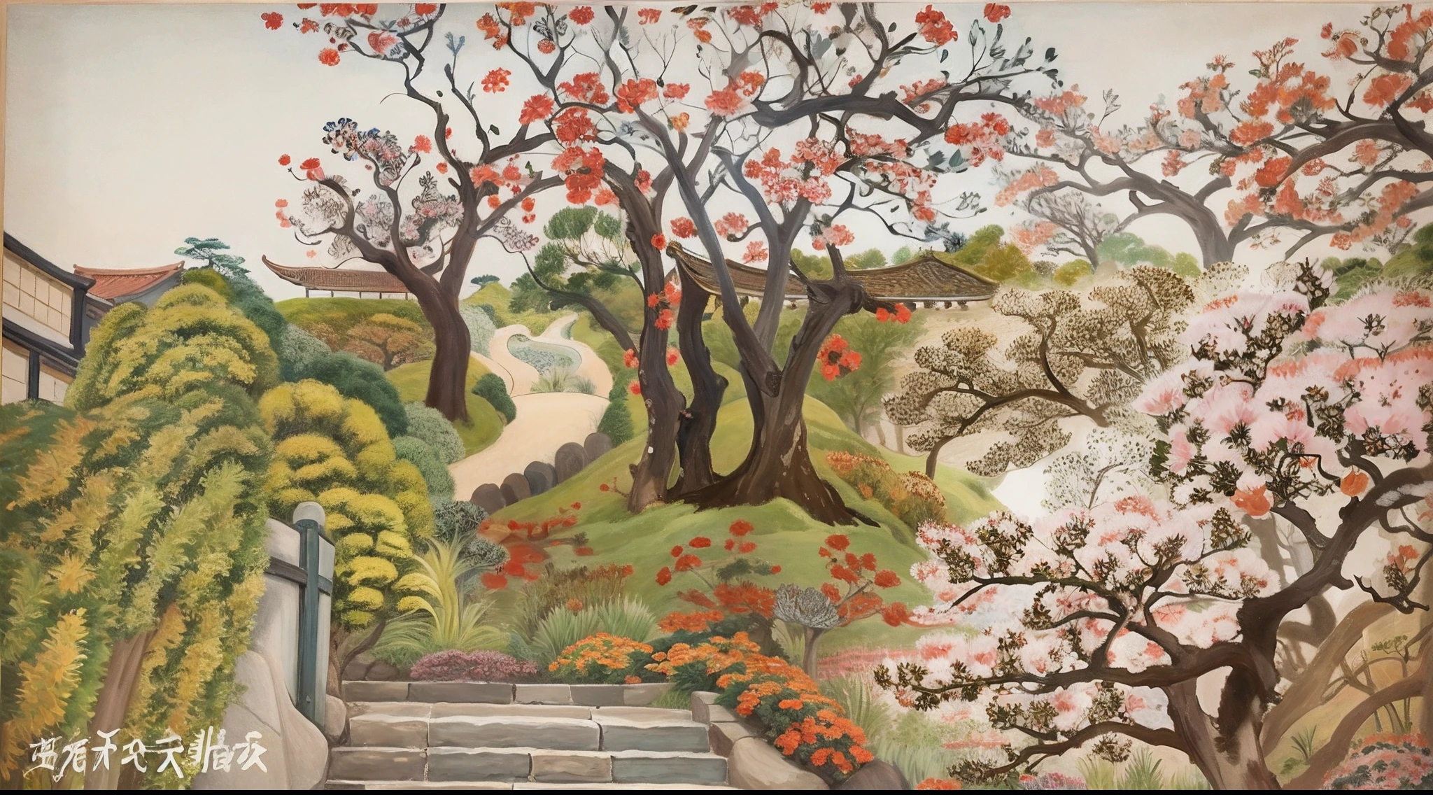 painting of a painting of a path with trees and bushes, Directed by: Alex Katz, Charles Burchfield pintura de arte, japanese style painting, inspirado em Charles E. Burchfield, animation movie still, tempera, inspired by Saitō Kiyoshi, inspired by Sakai Hōitsu, inspirado em Xie Shichen, inspirado em Yun-Fei Ji