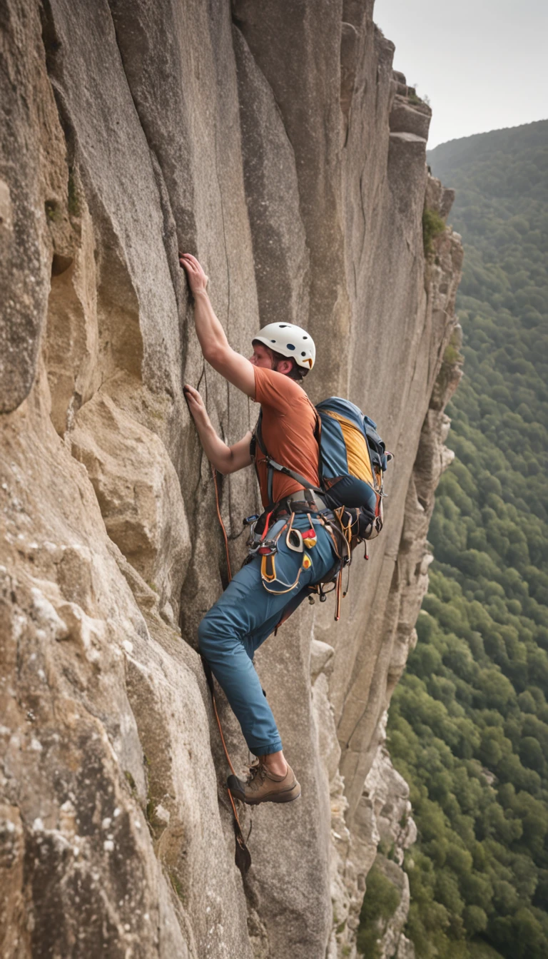 Climber climbing a very steep rocky escarpment