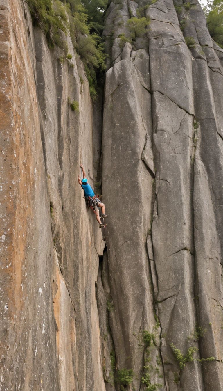 Climber climbing a very steep rocky escarpment