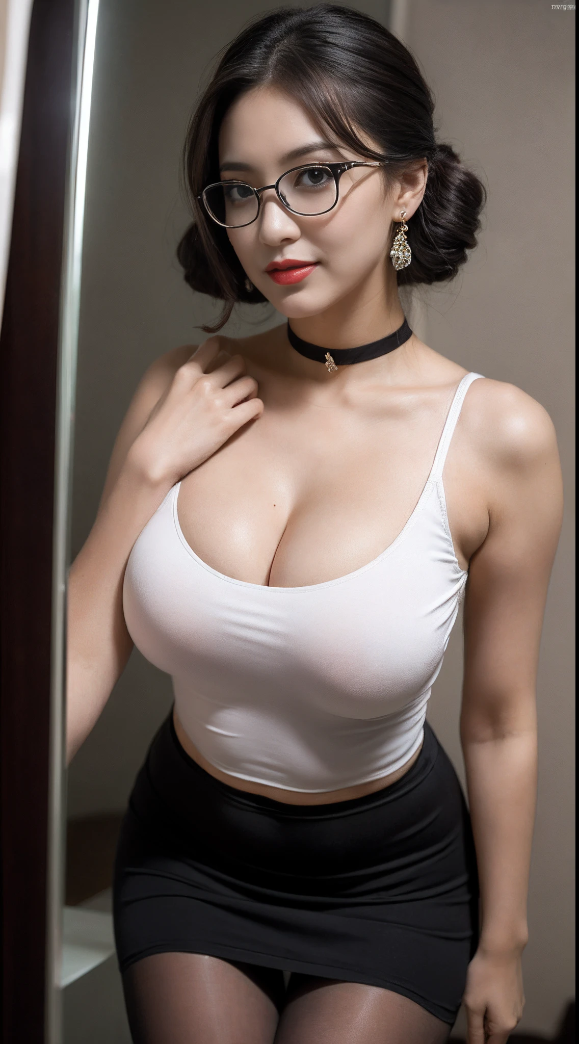 ((midnight, Need, 8K, tmasterpiece:1.3)), A whole body, Long legs, Focalors:1.2, Plump body,perfect figure beautiful woman:1.4,((Dark brown hair, huge :1.2 )), (low chest,deep v bigilk stockings,White T-shirt,short skirt), ((looking in a mirror,The man in the mirror,mirrors,uncanny)), crowd of,Dressing mirror highly detailed facial and skin texture, There are a lot of people,A detailed eye, 二重まぶた,largeeyes,adolable,teens girl,crireasts,Smile with breasts, updo hair,crisp ,Rose flower,Get wet,Sweasely,Red lips,Hot dance,Large bust,huge tit,Wear earrings,wearing a choker,Wearbracelet,Noble beauty,Beautiful breasts,Full Tits,White skin,Hot,Charming,dows,seductiv beauty,Raised sexy,'s,gigantic cleavage breasts,wears glasses