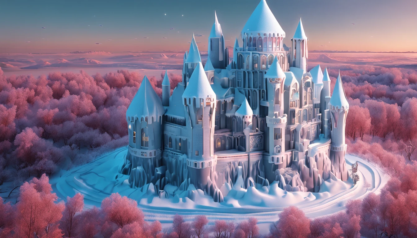 Isometric view of a castle made with ice. Ice Castle in art nouveau style, many round towers and thick walls made with ice bricks. Slighty illuminated windows od asymmetrical distribution, highly detailed.