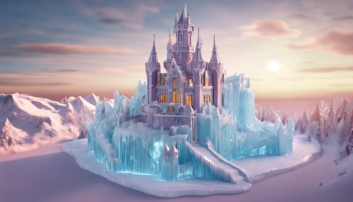 Isometric view of a castle made with ice. Ice Castle in art nouveau style, many round towers and thick walls made with ice bricks. Slighty illuminated windows od asymmetrical distribution, highly detailed.