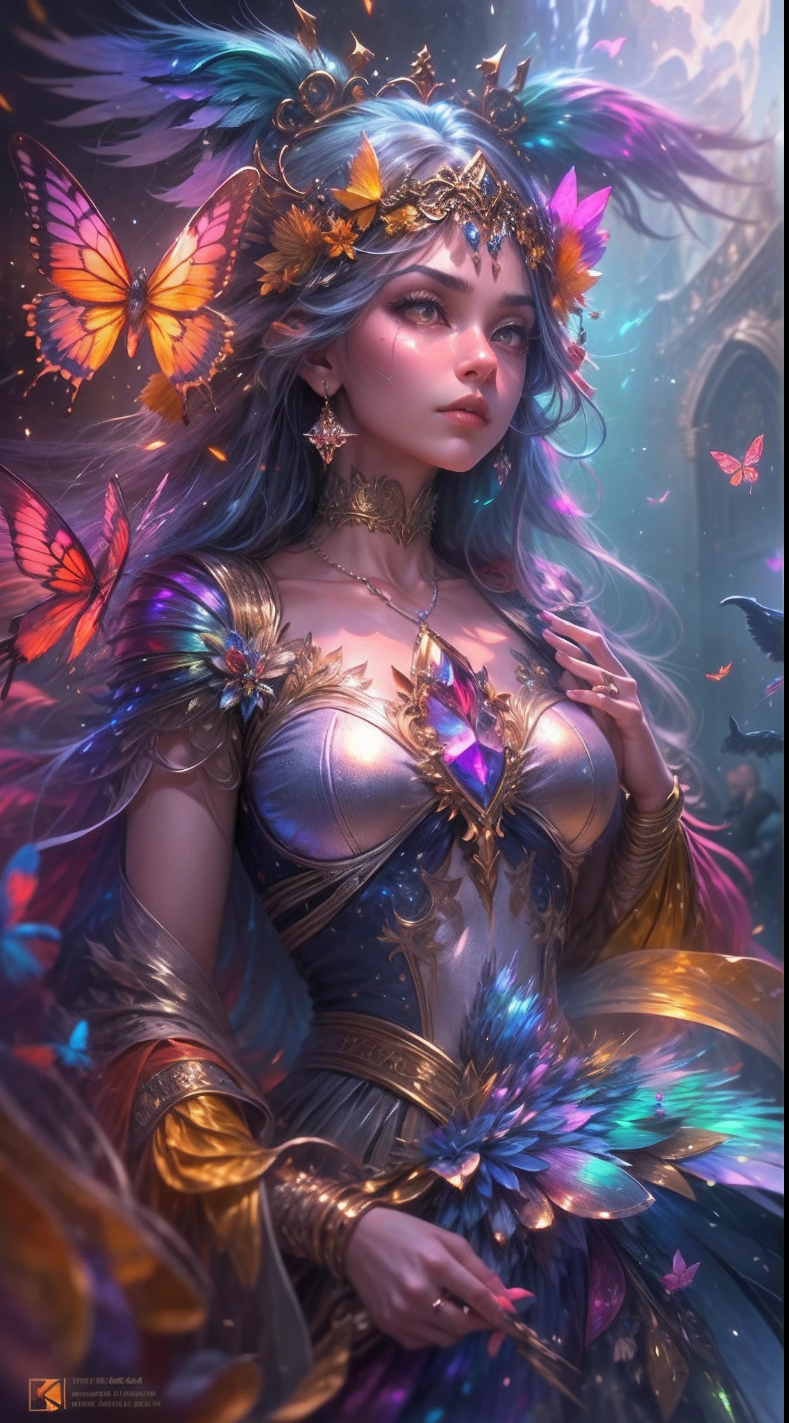 (((masterpiece))), (((ornate))), (((best quality))), ((ultra-detailed)), (highly detailed CG illustration), ((an extremely delicate and beautiful)), cinematic light. Create a stunning fantasy artwork that mimics the style of currently trending masters of the genre. The art piece should contain rich and ornate elements of both mythic fantasy and fairytale fantasy with colorful rainbow accents and dark jewel-toned hues. ((Utilize the rainbow as the main color scheme.)) The character in the artwork is a delicate but strong petite figure with an aura of mystery and magic. Pay close attention to intricate facial features, such as mesmerizing eyes with vibrant colors and bold shading. The character's clothing should be designed with gossamer feathers, silk, stunning embroidery, and subtle iridescent details. Incorporate (((translucent iridescent rainbows))), dreamy colors, dynamic lighting, and detailed background elements to create a sense of awe and immersion. ((Include colorful flying magical birds and jewel-toned rainbow butterflies radiating a magical aura.)) Consider the latest trends in fantasy art, such as incorporating unique lighting effects, exploring dynamic and compelling composition techniques, and experimenting with unique color palettes. Take inspiration from the top artists on ArtStation and Midjourney. Camera: Choose an angle that highlights the character's beauty and enhances the magical majesty of the artwork. Lighting: Utilize atmospheric lighting techniques to create depth and mood. Resolution: Aim for a high-resolution artwork to showcase intricate details and clarity. Art Inspirations: Seek inspiration from the trending artists on ArtStation, exploring different styles, genres, and themes.