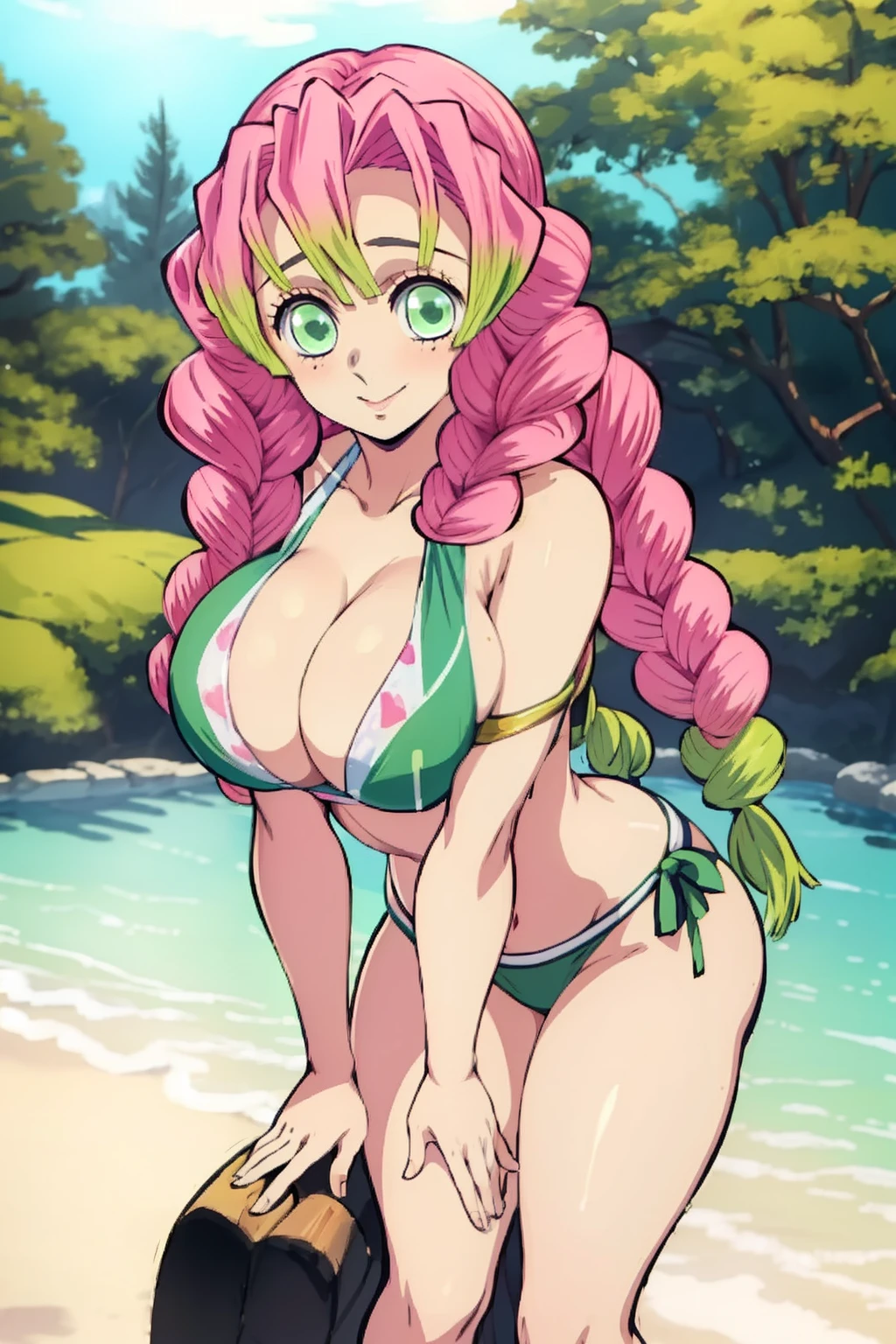 (​masterpiece, Better Quality), 1girl in, Mitsurikan Log, Dazzling, smil, Breast,  Belly, muscle、Green swimsuit、Pink swimsuit、Thin fabric、sexy  pose、Emphasis Pose、leaning forward、Colossal tits