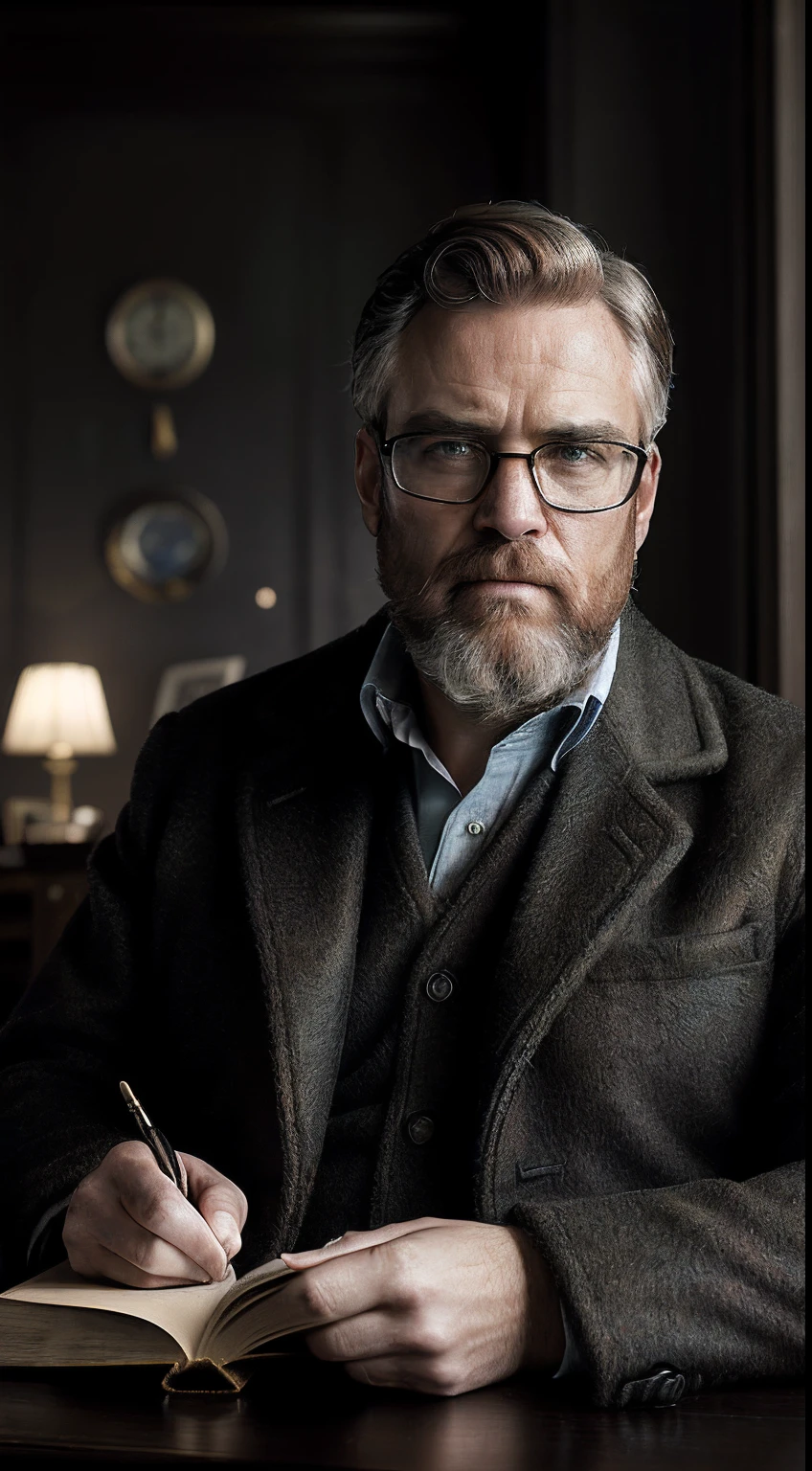 (editorial photograph 9:16 of a working man sitting in his living room in, bearded, calm,confident,look rich,serious doing his reading, 52 years old, brown eyes), (wearing luxury coat, wearing nerd glasses, detailed:1.3), (highly detailed face:1.4), (background inside dark, grumpy, private study, antique furniture:1.3), (8k, uhd, DSLR,  high quality, cinematic lighting, bokeh), (dramatic and award-winning photography, amazing masterpiece:1.3) (strong depth of field)show book