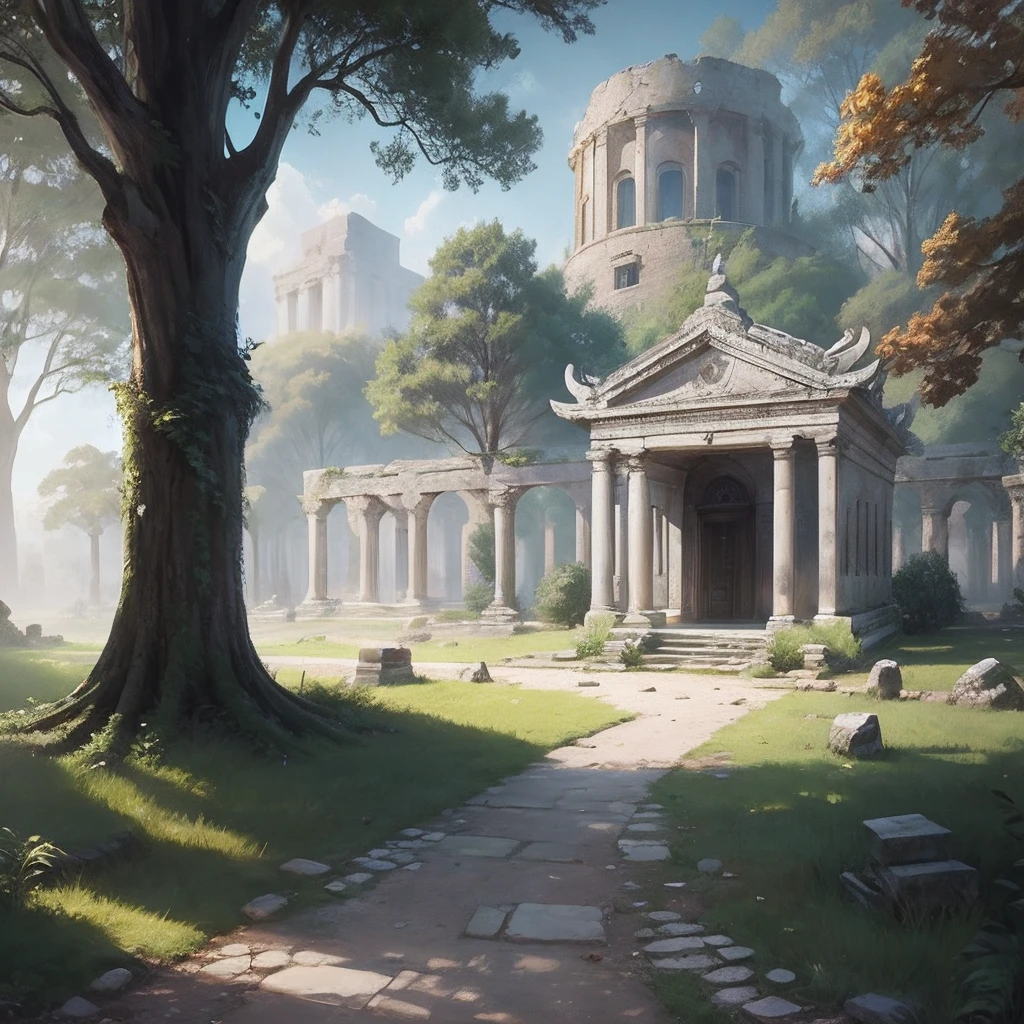 Painting a path leading to a stone building in a park, background, background, Background depicting a temple, Ruines antiques Contexte, Ancient ruins in the forest, Background of the Royal Garden, Background are the ruins, a beautiful artwork illustration, digital painting highly detailed, Illustration of the design of the environment, anime background art, Background of the temple, Concept Art de jeu de paysages, Contexte du parc