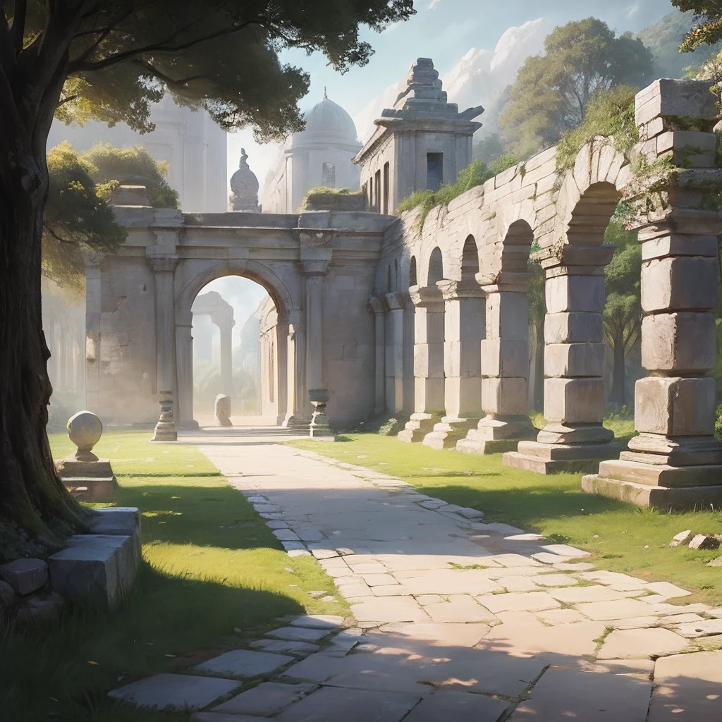 Painting a path leading to a stone building in a park, background, background, Background depicting a temple, Ruines antiques Contexte, Ancient ruins in the forest, Background of the Royal Garden, Background are the ruins, a beautiful artwork illustration, digital painting highly detailed, Illustration of the design of the environment, anime background art, Background of the temple, Concept Art de jeu de paysages, Contexte du parc