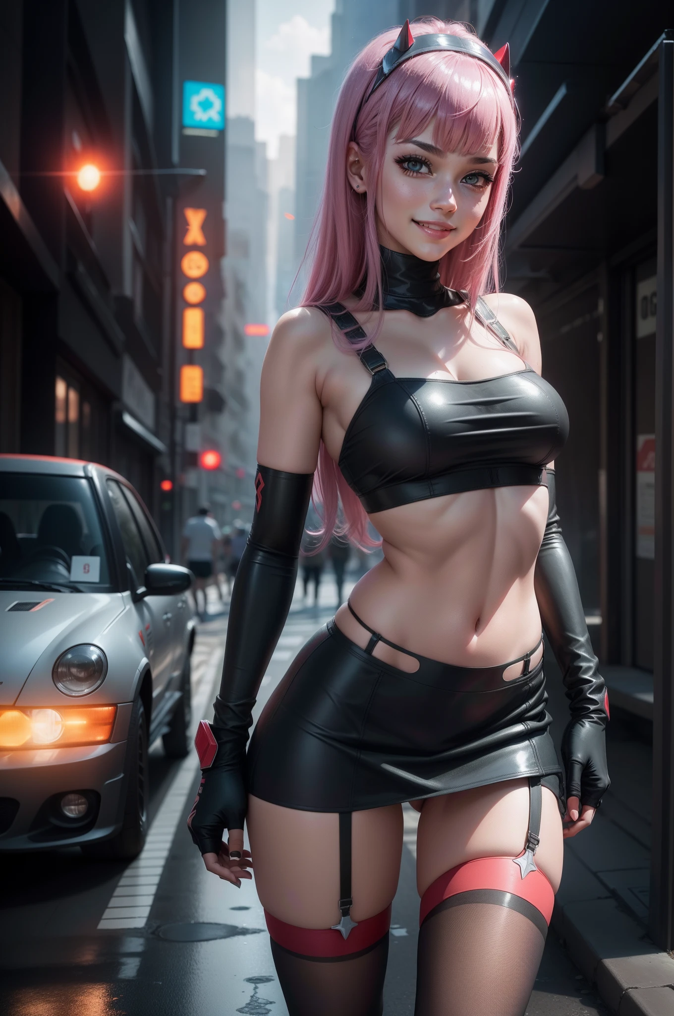 Zero Two Darling en el Franxx, 1 girl, Underboob, Pechos desnudos, tetas grandes, Pegatina X negra en la teta, smiling at camera, Pose de conejito, pose sexy, vista desde abajo, behind view, Micro mini falda, Stockings with garter belt, cuerpo perfecto, Vemos su culo delgado y apretado, mojado, cabello rosado, she's on a Day Light City cyberpunk street, 8k, piel real, realystic, HDR, Ultra Resolution, fugas de luz