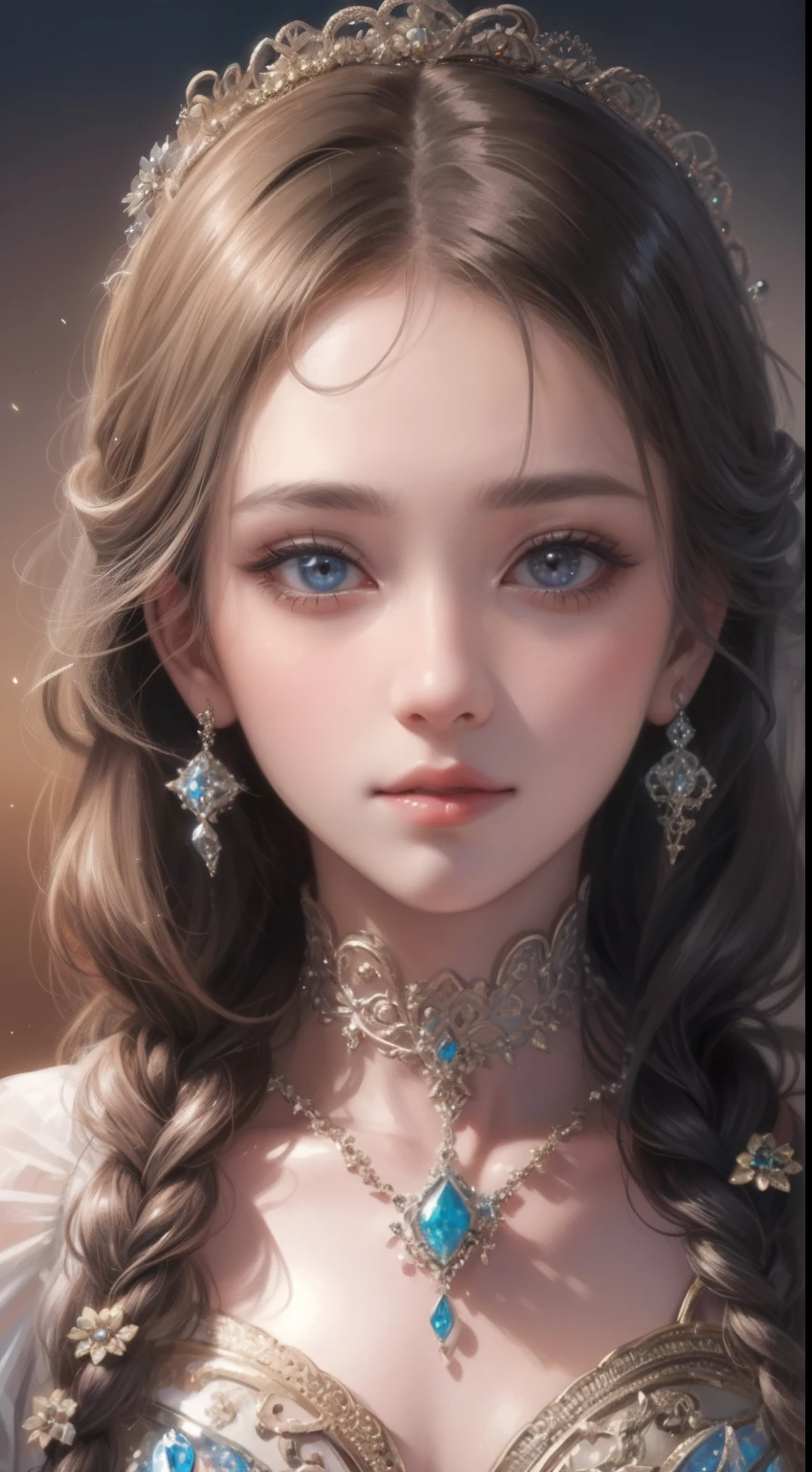 tmasterpiece,Highest high resolution,Bust of a beautiful noble maiden,Delicate braided hair,Coiled hair,Shining clear eyes,The hair is covered with beautiful and delicate floral craftsmanship, crystal、Diamond jewelry filigree,Ultra-detailed details,upscaled,softlighting。