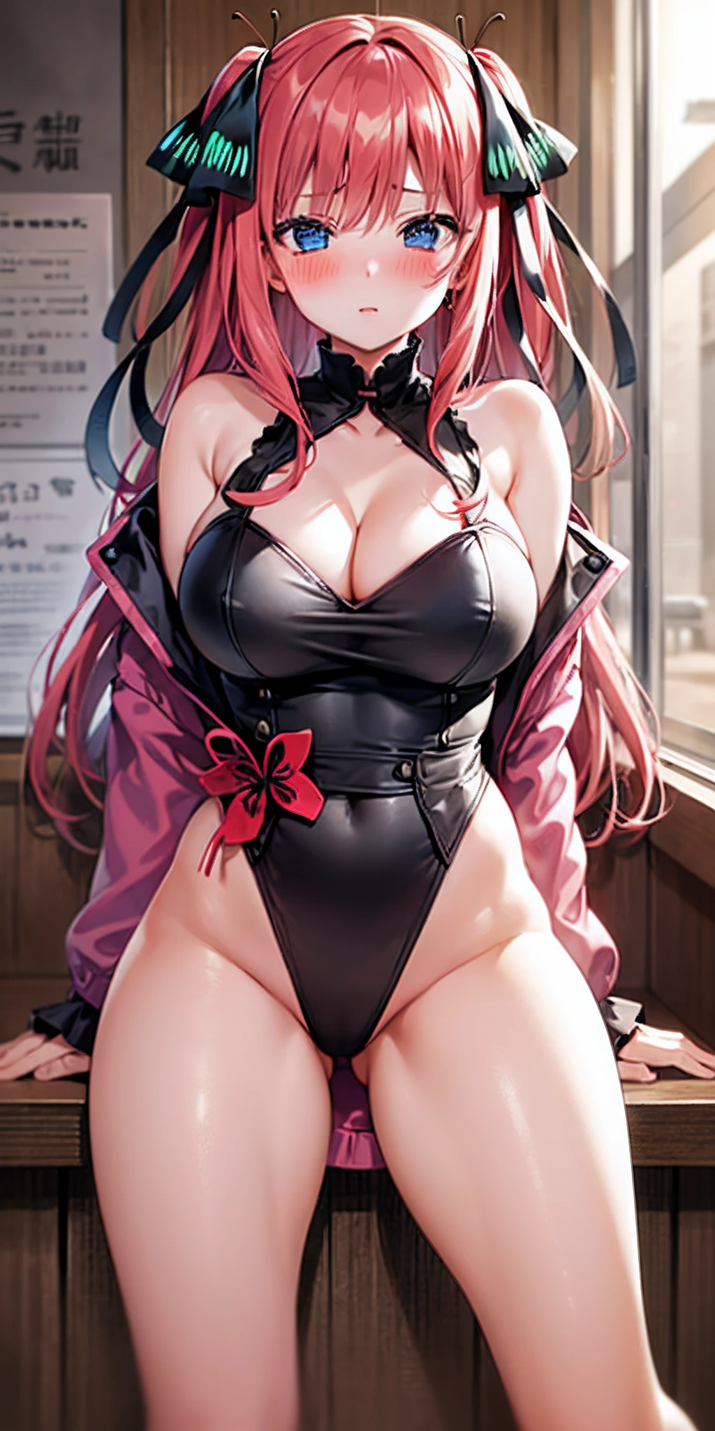 1girl in, 独奏, Nakano Nino, Pink hair, butterfly hair ornament, Naked,pubick hair,cleavage of the breast, thighs thighs thighs thighs, Cafe Background, (red blush:1.3), Opening legs