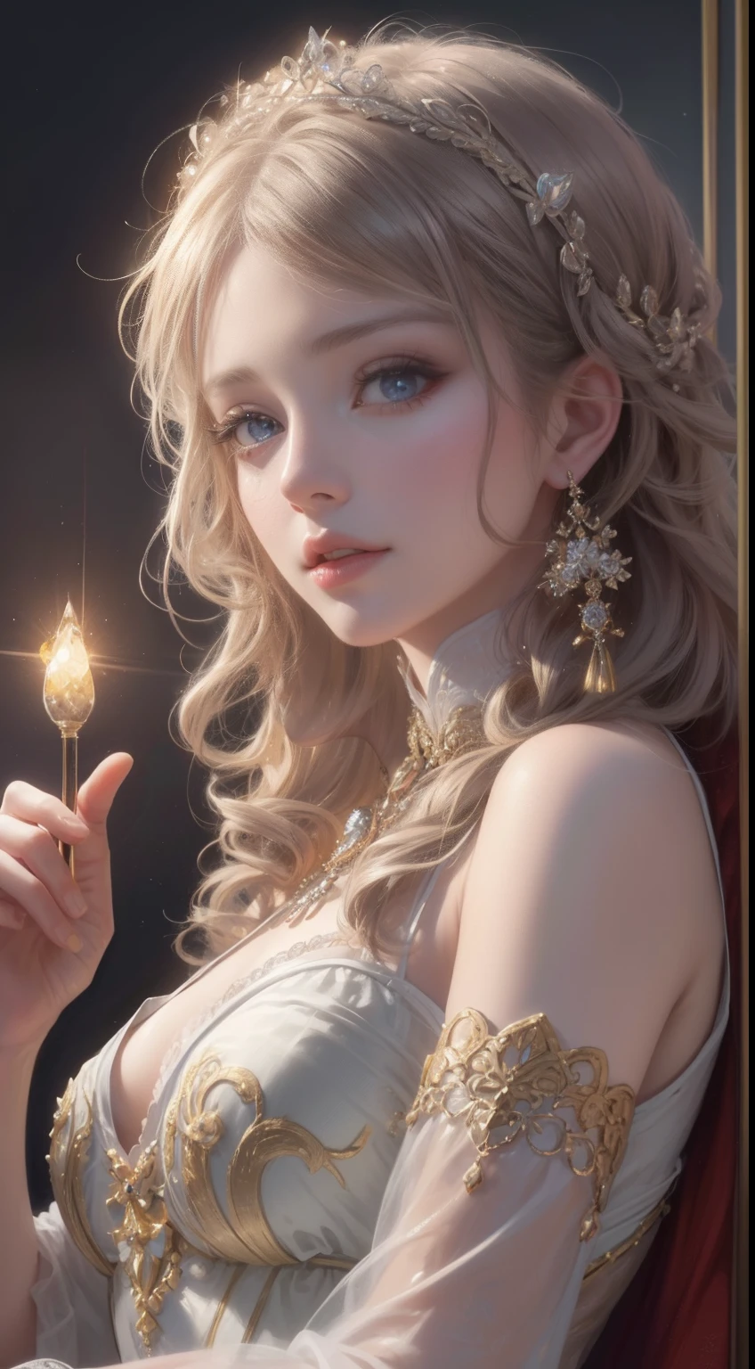 tmasterpiece,Highest high resolution,Bust of a beautiful noble maiden,Delicate braided hair,Coiled hair,Shining clear eyes,The hair is covered with beautiful and delicate floral craftsmanship, crystal、Diamond jewelry filigree,Ultra-detailed details,upscaled,softlighting。
