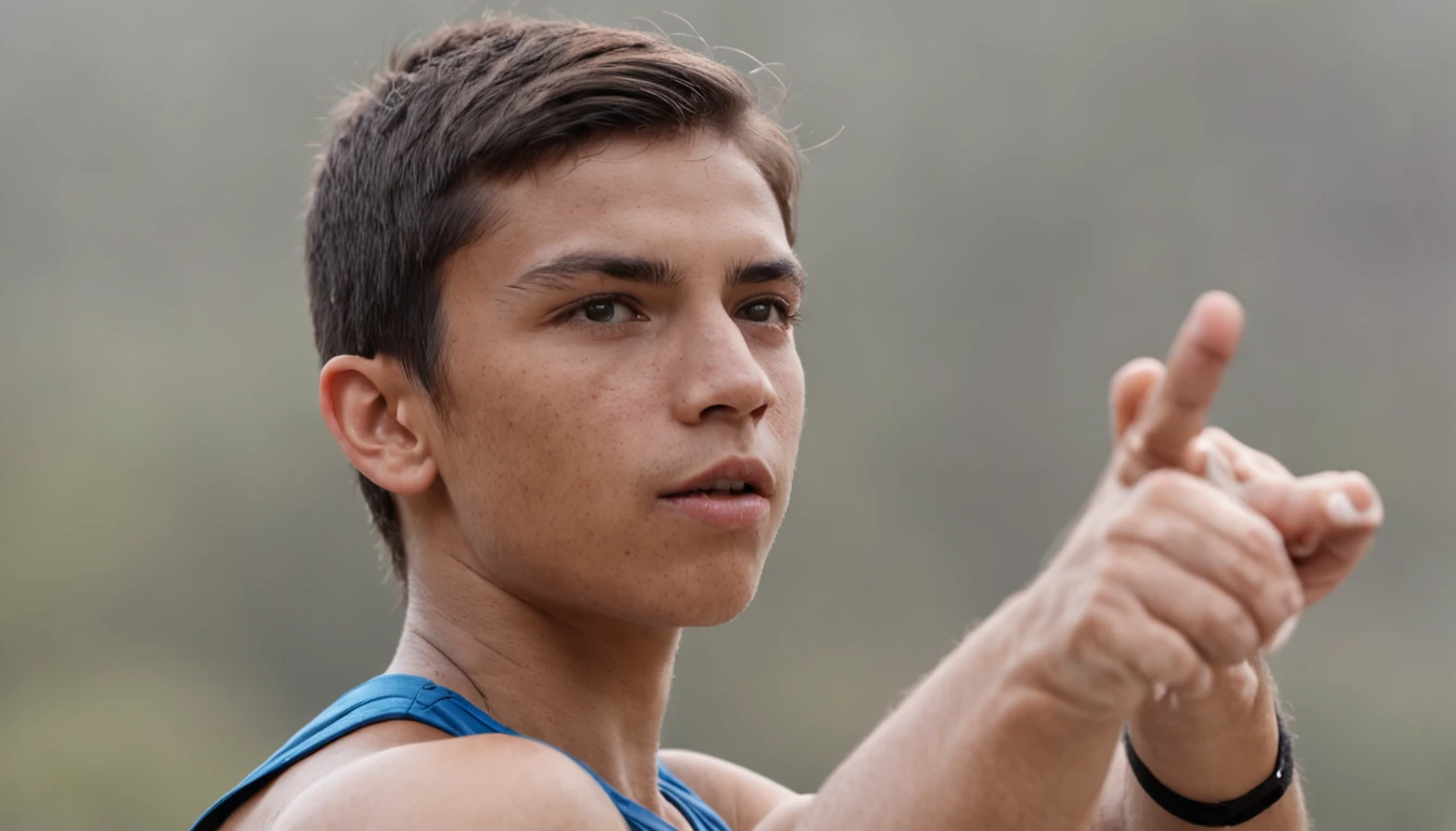 Young athlete in action during a sports competition. The athlete has concentrated expression. A imagem deve capturar seus concorrentes e os espectadores. The clothes should be consistent with the practice of sports. O tempo deve estar claro, ensolarado e com poucas nuvens.