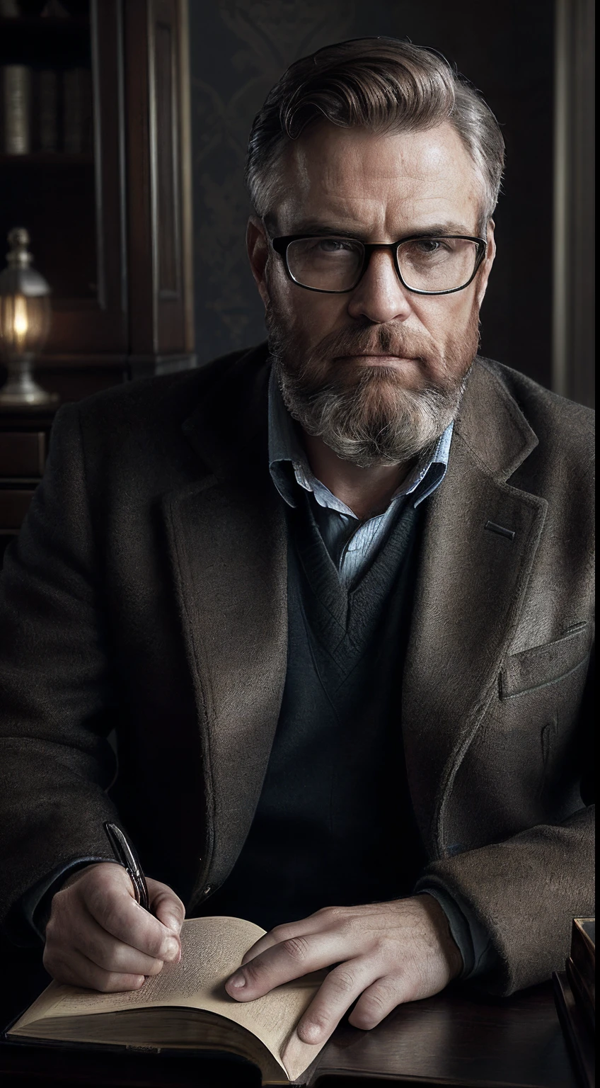 (editorial photograph 9:16 of a working man sitting in his living room in, bearded, calm,confident,look rich,serious doing his reading, 52 years old, brown eyes), (wearing luxury coat, wearing nerd glasses, detailed:1.3), (highly detailed face:1.4), (background inside dark, grumpy, private study, antique furniture:1.3), (8k, uhd, DSLR, high quality, cinematic lighting, bokeh), (dramatic and award-winning photography, amazing masterpiece:1.3) (strong depth of field)show book