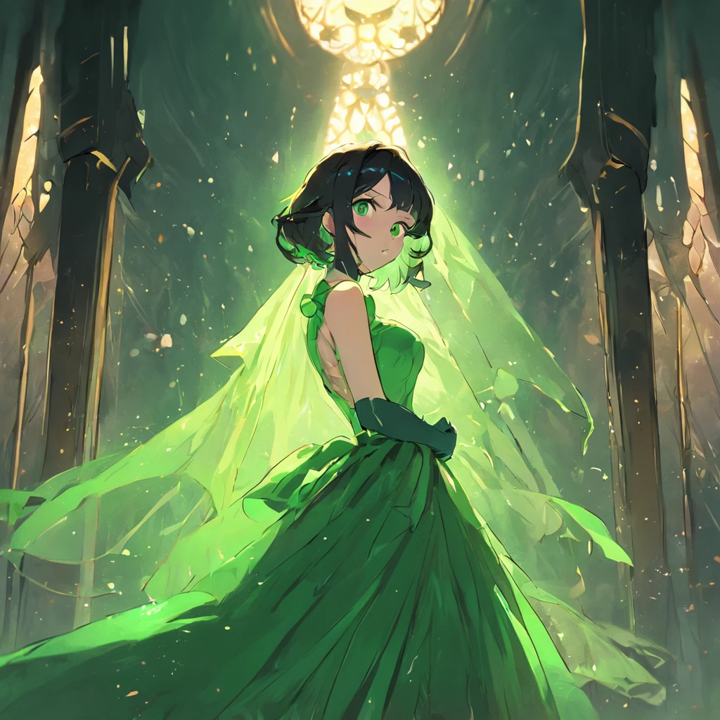 Pearl Necklace, Green long gloves, Green dress, Green Bridal Veil, Black short hair