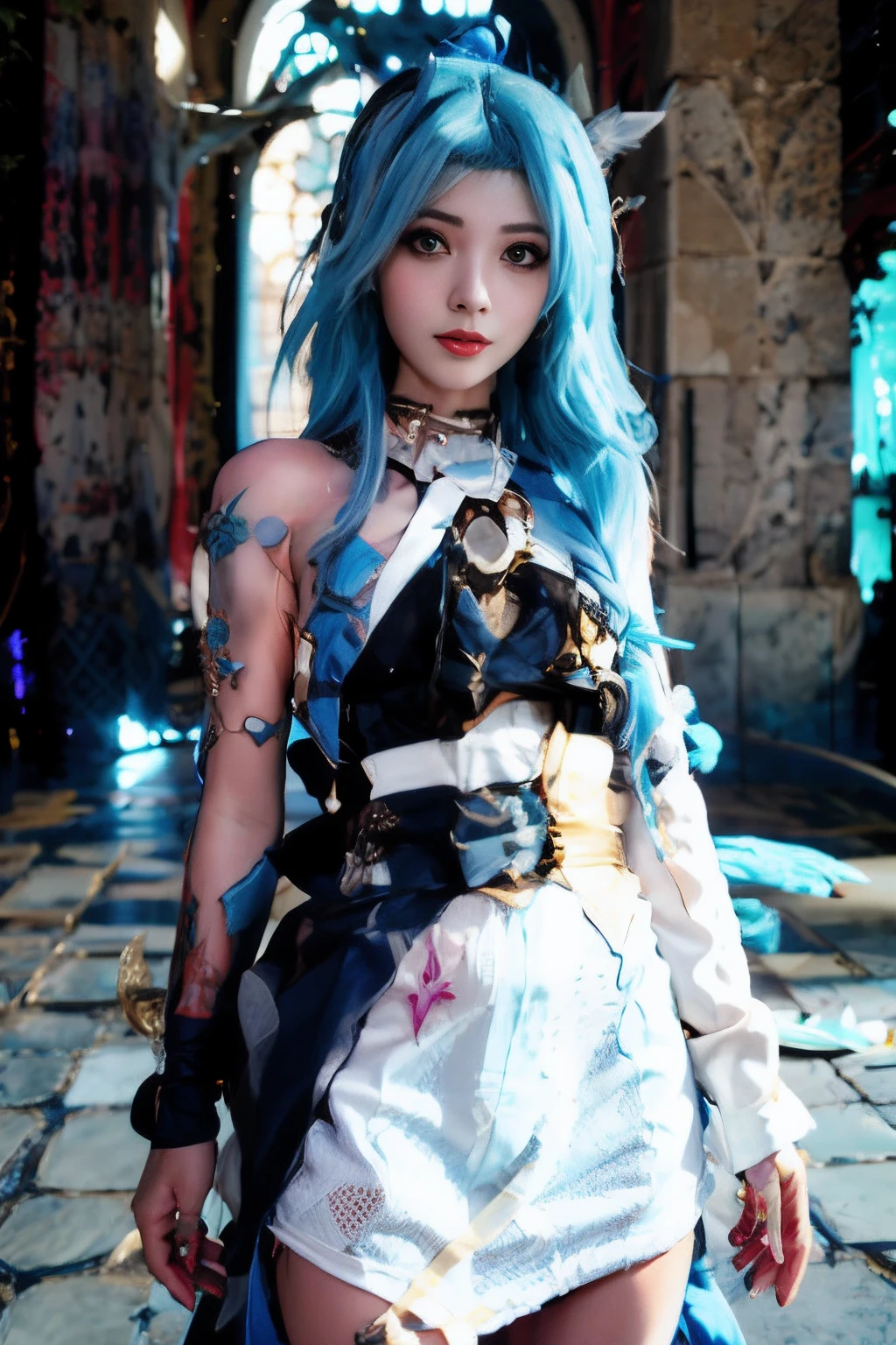 mulher argada com cabelo azul e tatuagens posando em um quarto, Cosplay, Anime Cosplay, Alice X. Zhang, Jinx, Arcano, azarar, Anime Garota Cosplay, foto Cosplay, vocalóide, Cosplay glamouroso, Beautiful image, Ashe, Cosplay ornamentado, Cosplayer, Beautiful, Jinx de League of Legends, rococo cyberpunk, Cosplay de Hatsune Miku, Alice