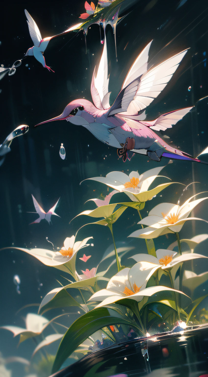 ((hummingbird)), bird, no_humans, animal, flower, gorgeous flower, stunning, garden, delicate, flowers, gentle,beautiful, nature, leafs, water drop, after rain, detailed, intricate,