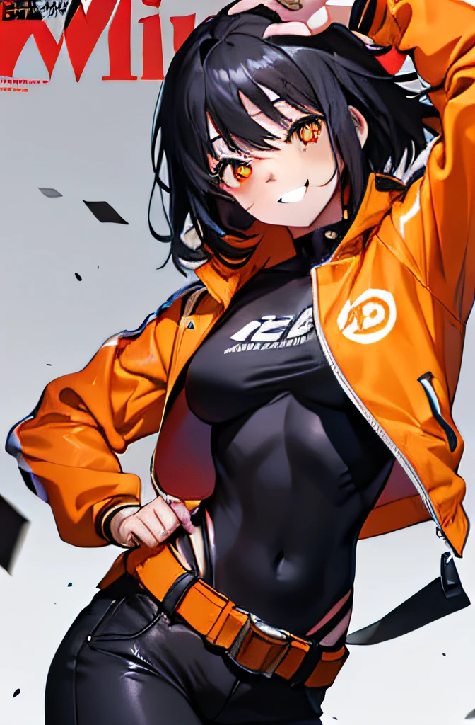 anime magazine cover, girl, black hair, draping from the top, grey background, falling motion, smile, fashionable orange jacket, black skin pants, light skin, beautiful, both eyes, correct body anatomy