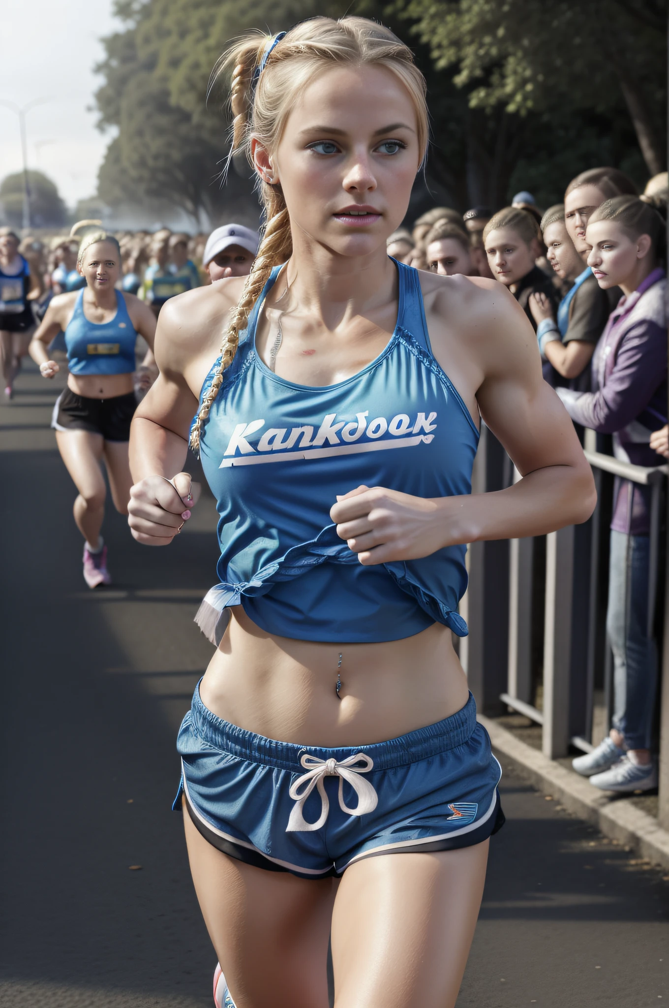 a beautiful blonde runner, full lips, full breasts, blue eyes, with braided hair (ponytail), wearing shorts, a t-shirt above the navel, Sneakers, running and crossing the finish line in a marathon, with hundreds of zombies behind you.