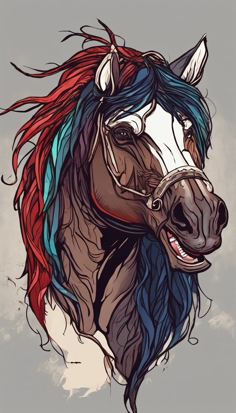 Tikbalang, a terrifying creature from Philippine Folklore,
known for its intimidating appearance – a muscular human body, with a horse head,
with a color palette inspired by expressive visual styles, tall long hair, dark light, realistic horse head, eerie forest back ground, dark ligt color background, no horn in head