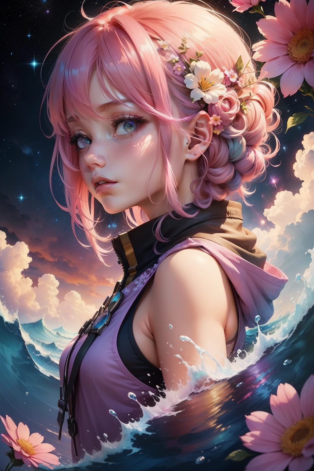 (masterpiece, Top Quality, Top Quality, watercolor (The middle), offcial art, Beautiful and aesthetic : 1.2), (1girll : 1.3), (fractal art : 1.3), Upper body body, from the side, Watching the viewer, patterns, (Pink hair, colorful hair, Half purple and half pink hair ,flowers on hair: 1.2), Water, liquid, clouds, colourful, sao, sao,galaxies,