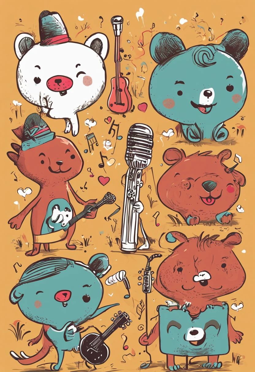 Cheerful illustration of a group of smiling animals with microphones, instrumentos musicais e um palco ao fundo.