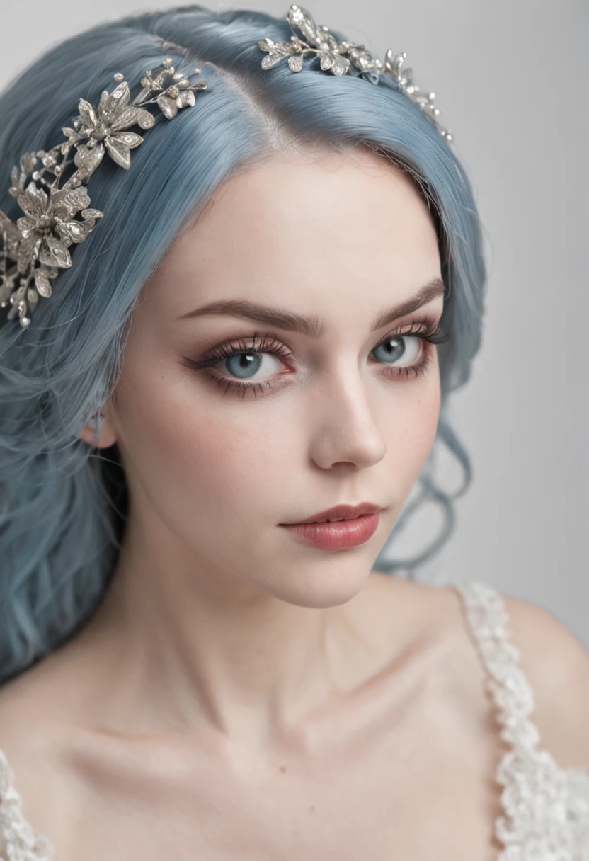 emily, corpse bride at 18 years old nude at the bed, on all fours showing her ass, pubic hair, blue hair, bridal diadem