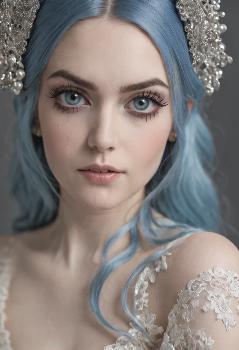 emily, corpse bride at 18 years old nude at the bed, on all fours showing her ass, pubic hair, blue hair, bridal diadem