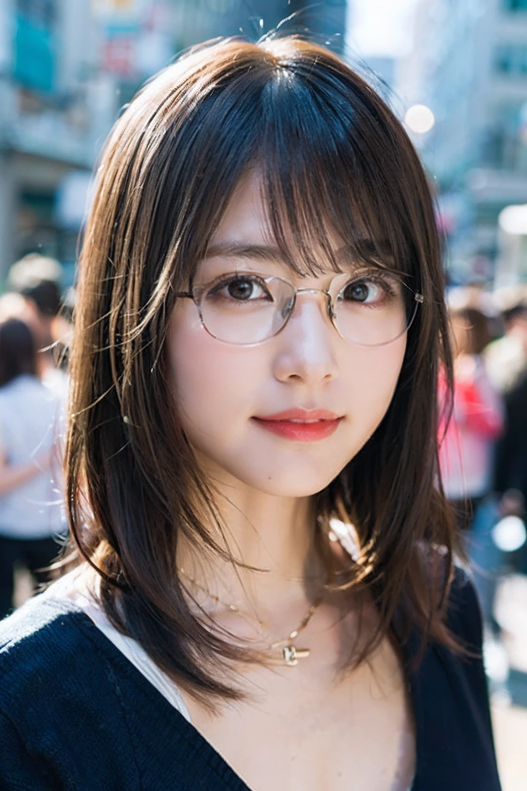 (8K、Raw photo、Highest quality、masterpiece:1.2)、(Realistic、Photorealistic:1.37)、Ultra-detailed、Ultra-high resolution、1 girl、Seeing the viewer、Beautifully detailed face、Laughter、narrow、(Slim waist) :1.3)、shortcut、Beautifully detailed skin、Skin Texture、Floating Hair、Professional Lighting、Waiting for the train on the platform、Black-rimmed square glasses 、Human whole body、Brown Hair、