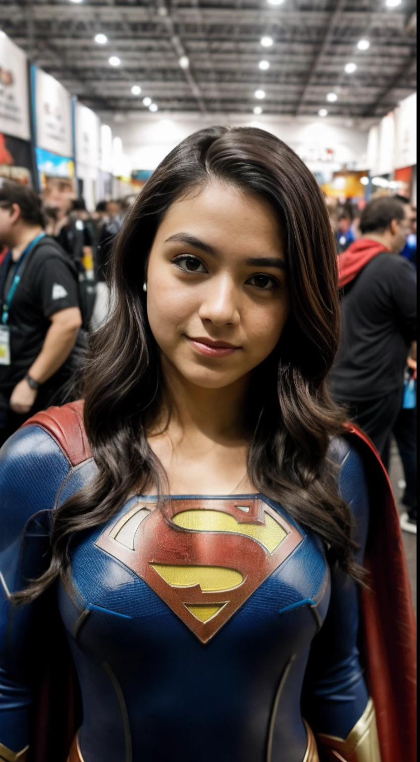 Foto RAW em sequencia, uma foto de uma adolescente 16anos, ((vestindo como cosplay de super girl, na feira de quadrinhos comic-con)), rosto detalhado, planos de fundo detalhados pouco desfocados, luzes naturais, HDR, foto realista, foto profissional, flerte com o espectador, visual sexy, fotorrealista, Linda, pele natural, 8k UHD, alta qualidade, filmic grain, Fujifilm XT3