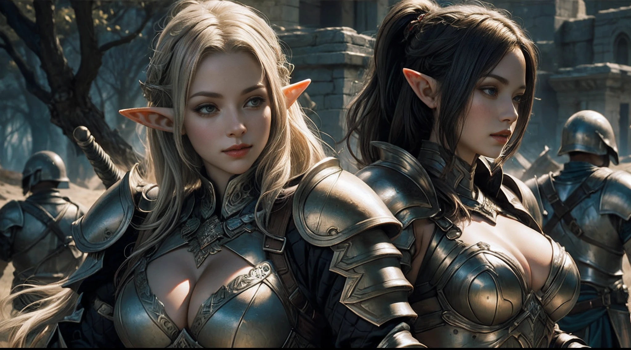 Female elf,Large breasts,Heavy armor,complex patterns,The background is the battlefield,Fighting posture,Mid-range portrait