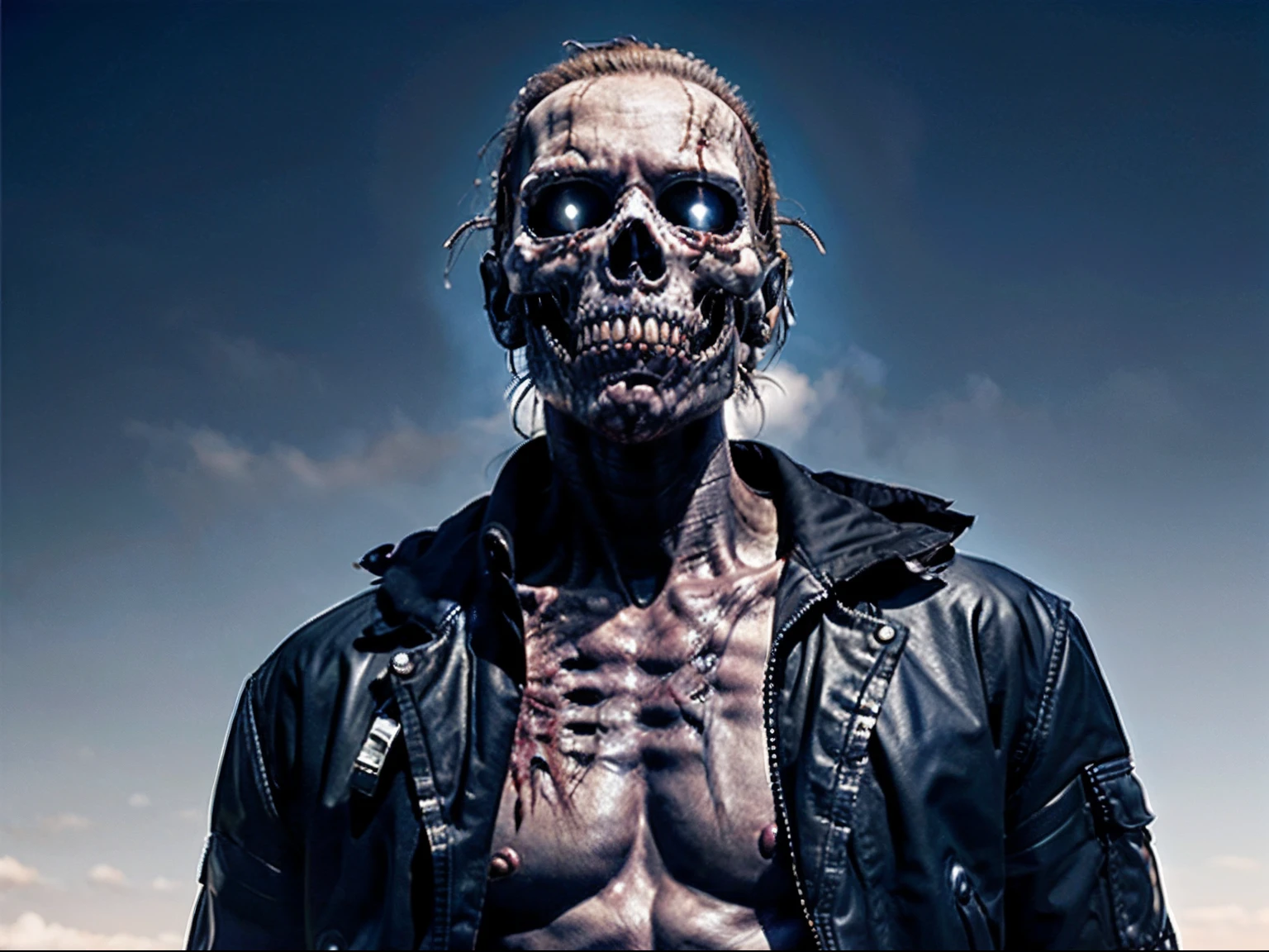 Un zombi pero su esqueleto es de un Terminator, tiene la piel desgarrada y debajo se ven los huesos metalicos