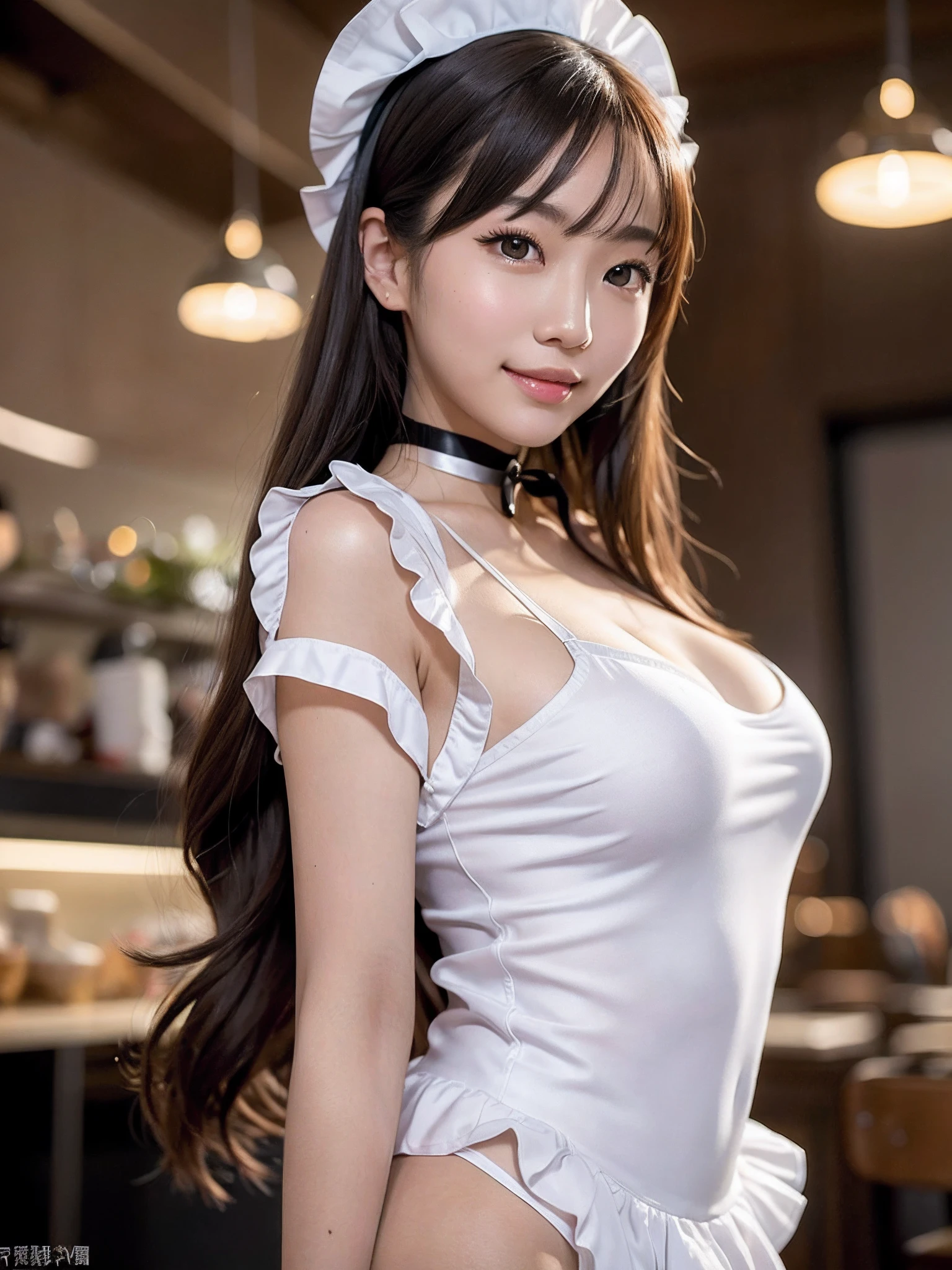masterpiece, 1 girl per 1 photo, upper body shot, directly front view, a Japanese young pretty woman, wearing a short sleeve satin silky black cute maid costume in the cafe with a big smile, wearing a white frilled headband, a white frilled apron, a black choker, glamorous figure, hyper cute face, glossy lips, sweaty body, double eyelids in both eyes, Natural makeup, long eyelashes, shiny smooth light brown hair of long bob hair, asymmetrical bangs, tanned skin, central image, 8K resolution, high detail, detailed hairstyle, Detailed Face, spectacular cinematic lighting, octane rendering, vibrant, hyper realistic, perfect limbs, perfect anatomy