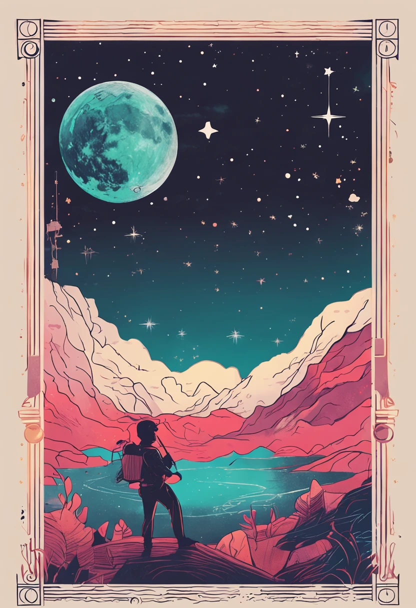 Illustration of a fantasy world with a small explorer holding a telescope, Looking up at the starry sky
