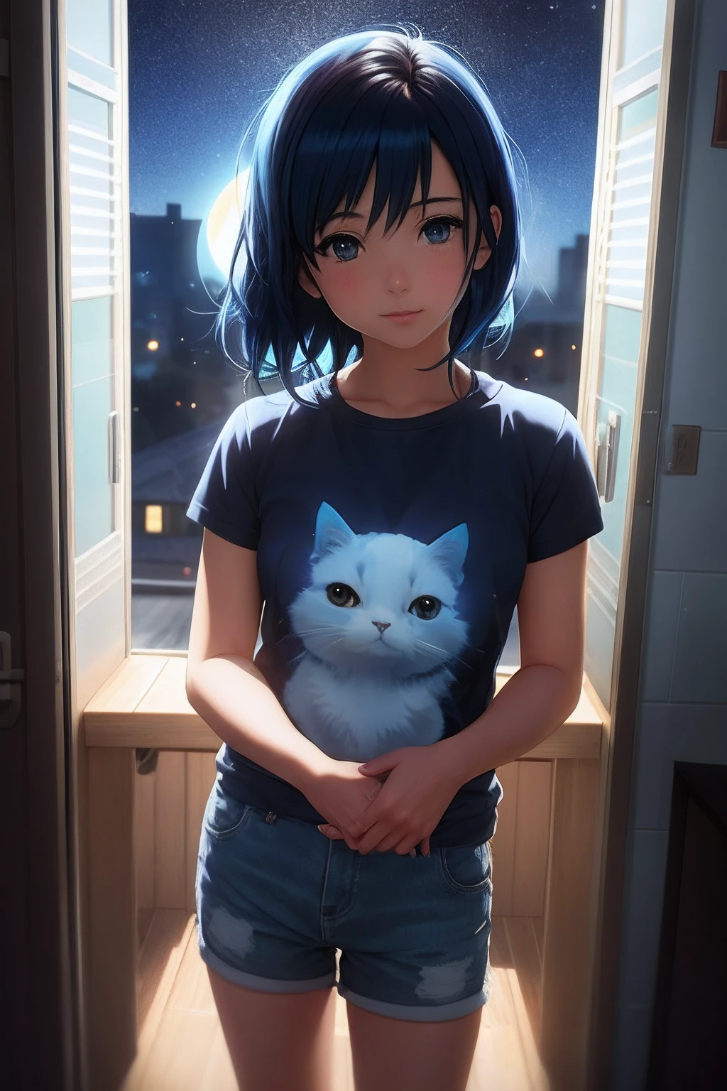 Anime girl with blue hair and a cat T - shirt standing in front of a window, Estilo anime 3D realista, estilo anime. 8k, Ilya Kuvshinov. 4 mil, anime estilo 3d, gato anime, anime. soft lighting, estilo anime 4K, Estilo Ilya Kuvshinov, gato anime bonito, estilo realismo anime