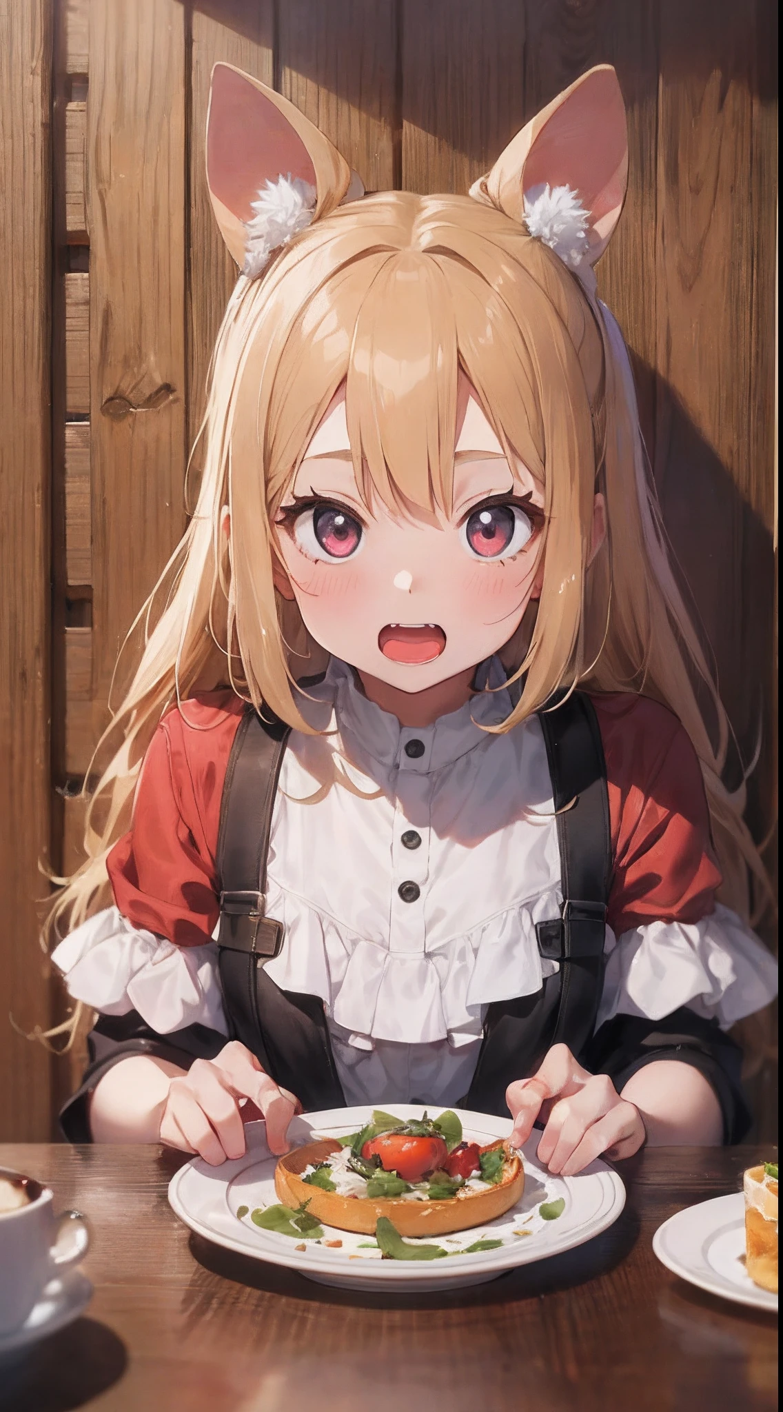 White plate, girl, dwarf, costume: Tomato, cosplay: Tomato, stuffed animal, ((dwarf sitting on plate: 1.8)), cute, frightened, trembling