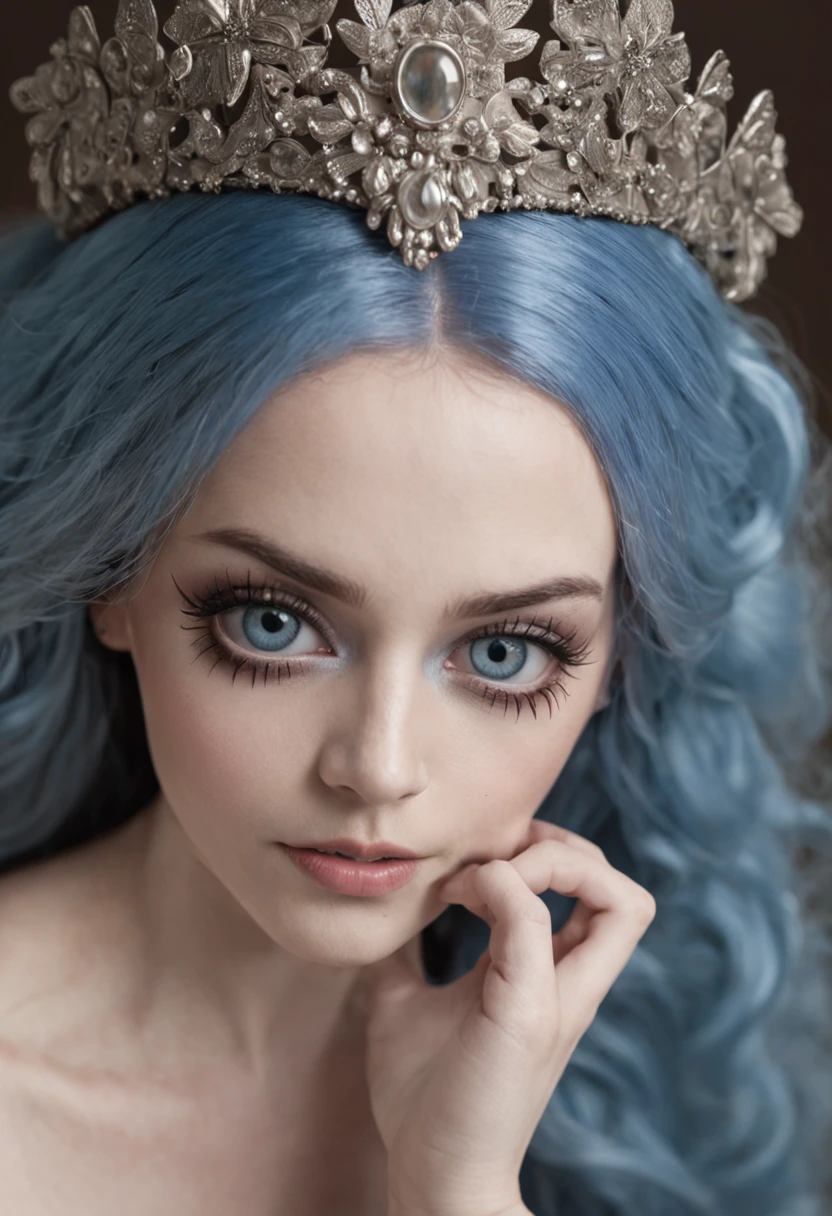 emily, corpse bride at 18 years old nude at the bed, on all fours showing her ass, pubic hair, blue hair, bridal diadem
