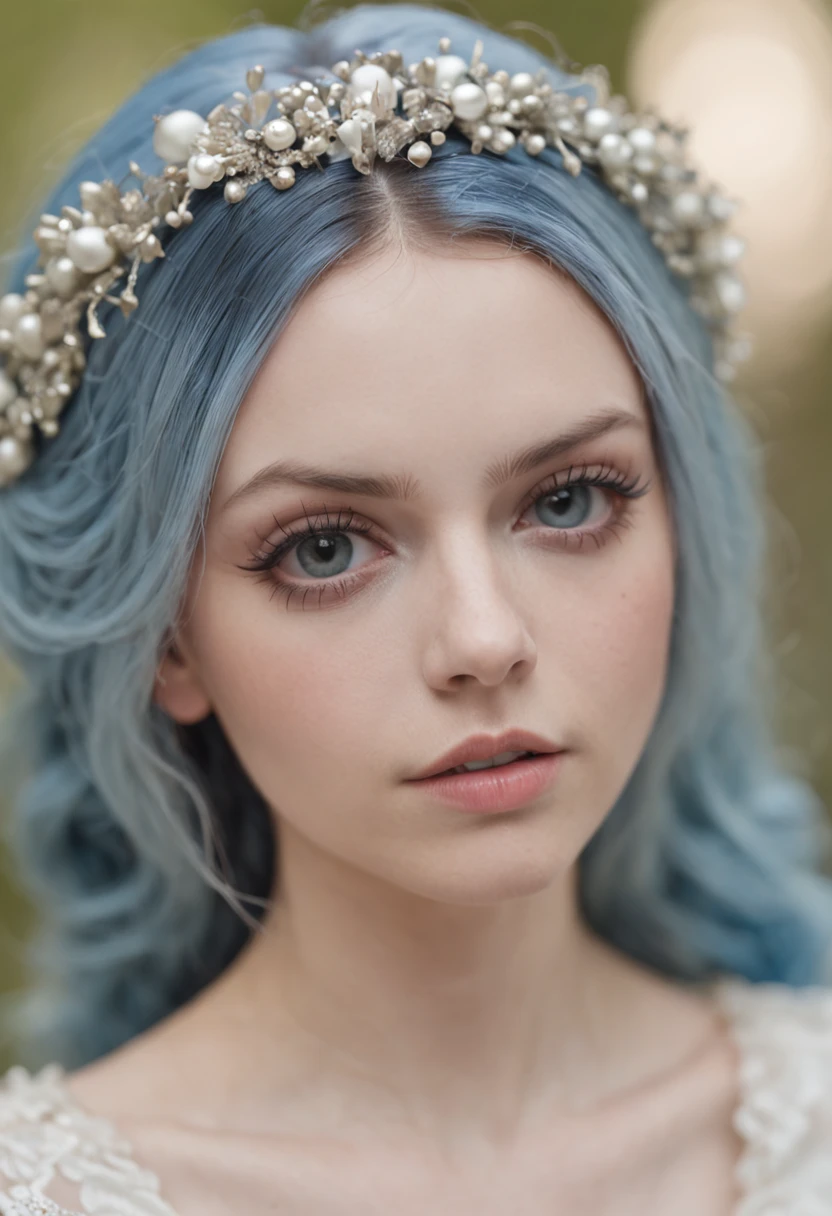 emily, corpse bride at 18 years old nude at the bed, on all fours showing her ass, pubic hair, blue hair, bridal diadem