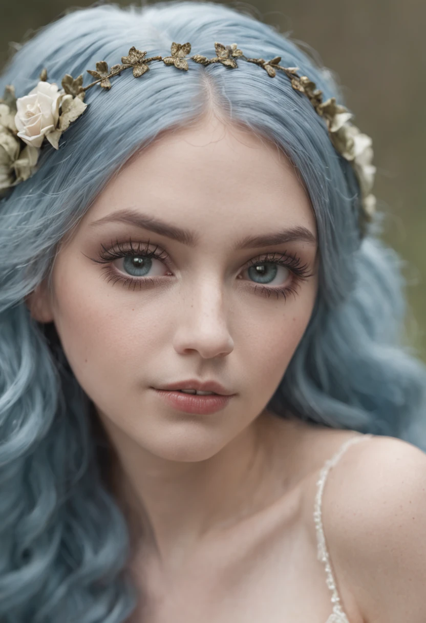 emily, corpse bride at 18 years old nude at the bed, on all fours showing her ass, pubic hair, blue hair, bridal diadem