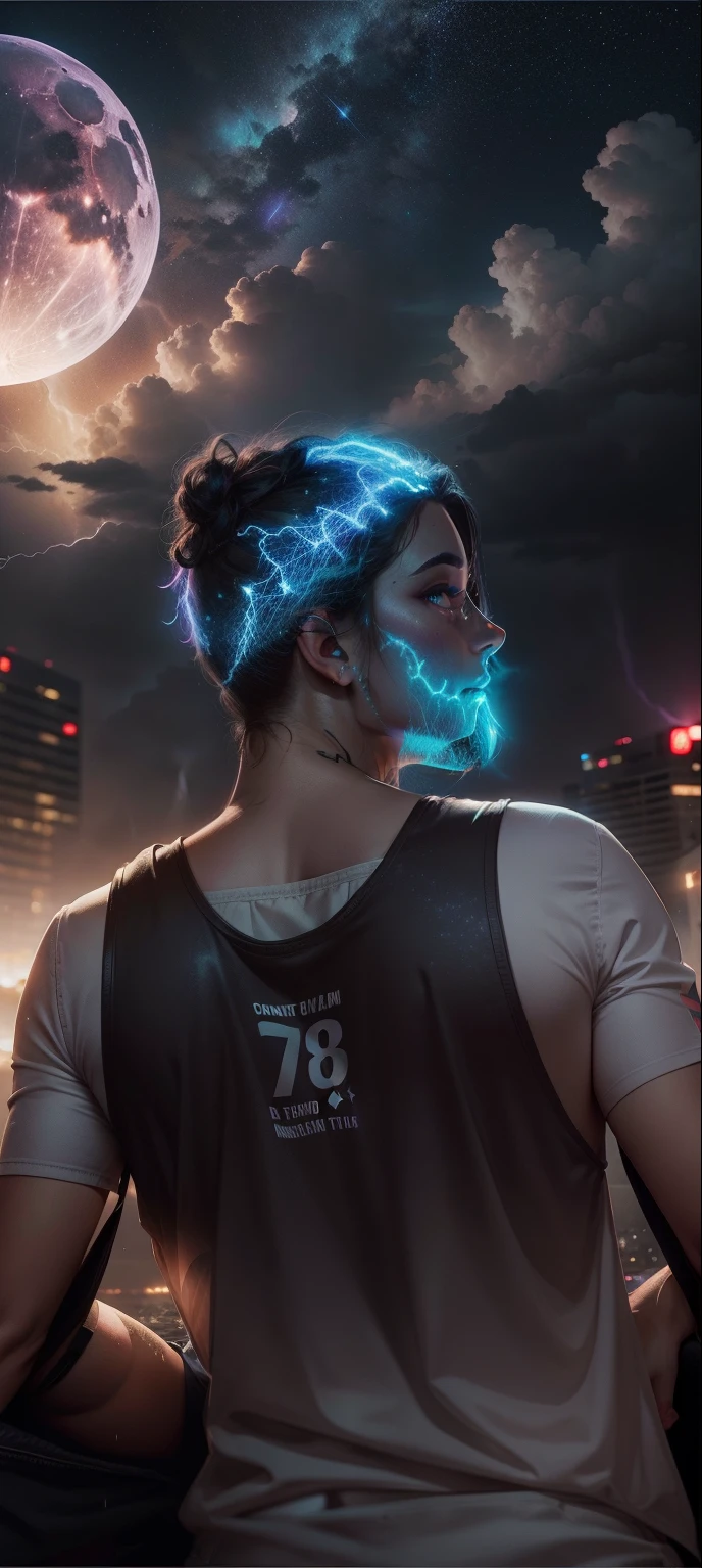 Background thunderstorm and neon moon with stars
