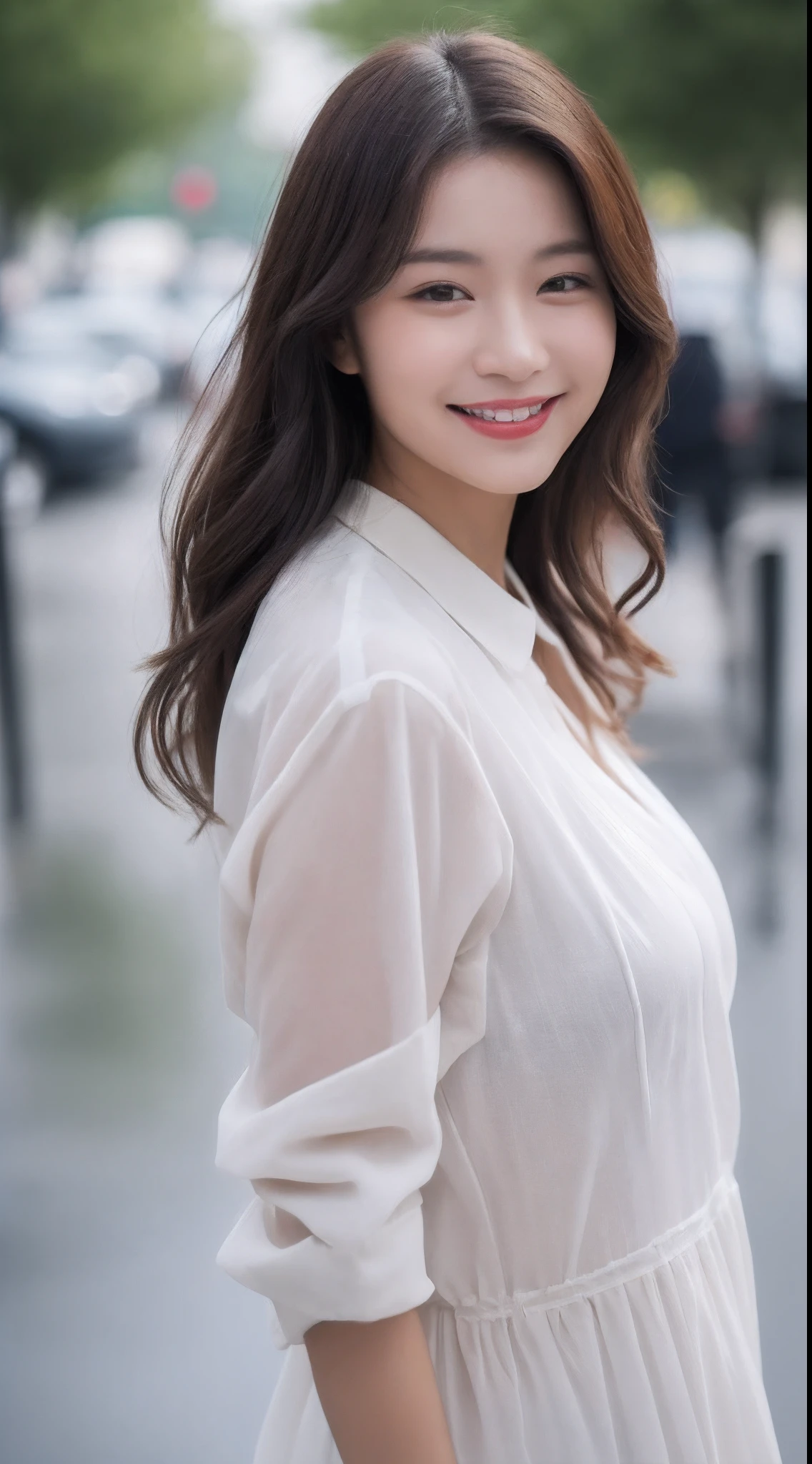 ((Best Quality, 8K, Masterpiece:1.3)), Focus: 1.2, Perfect Body Beauty: 1.4, Buttocks: 1.2, ((Layered Haircut, Breasts: 1.2)), (Wet Clothes: 1.1), (Rain, Street:1.3), Bandeau Dress: 1.1, Highly Detailed Face and Skin Texture, Fine Eyes, Double Eyelids, Whitening Skin, Long Hair, (Shut Up: 1.3), Smile
