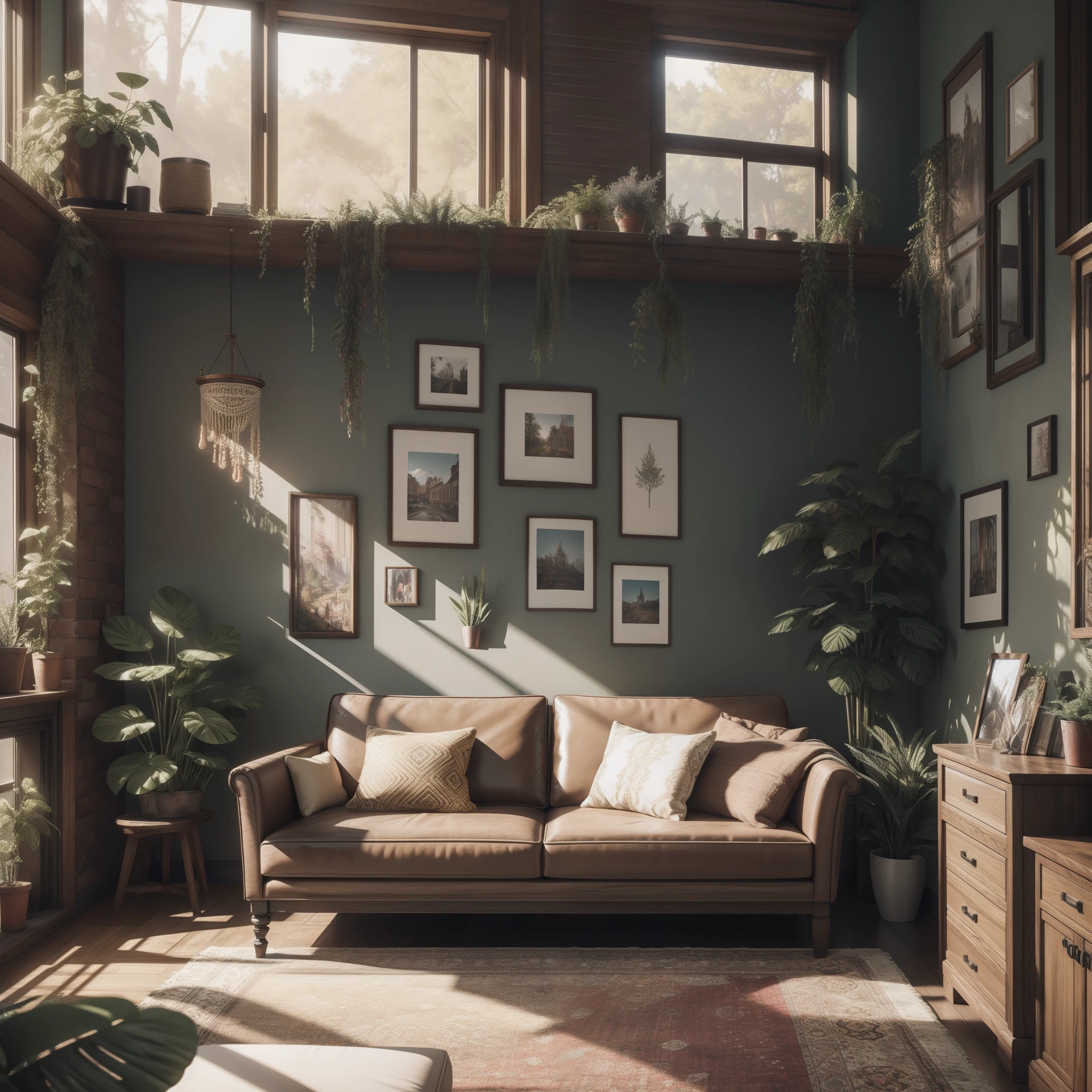 A bohemian living room overgrown with a big sofa 。, archviz, Realistic physical rendering, vray 8k render, natural realistic render, detailed archviz render, rendered in corona, Detailed natural lighting, Rendered in Lumion Pro, high quality rendering, 8k vray render, vray rendered, V - ray rendering 8 K Ultra HD，Floor walnut，Furniture oak