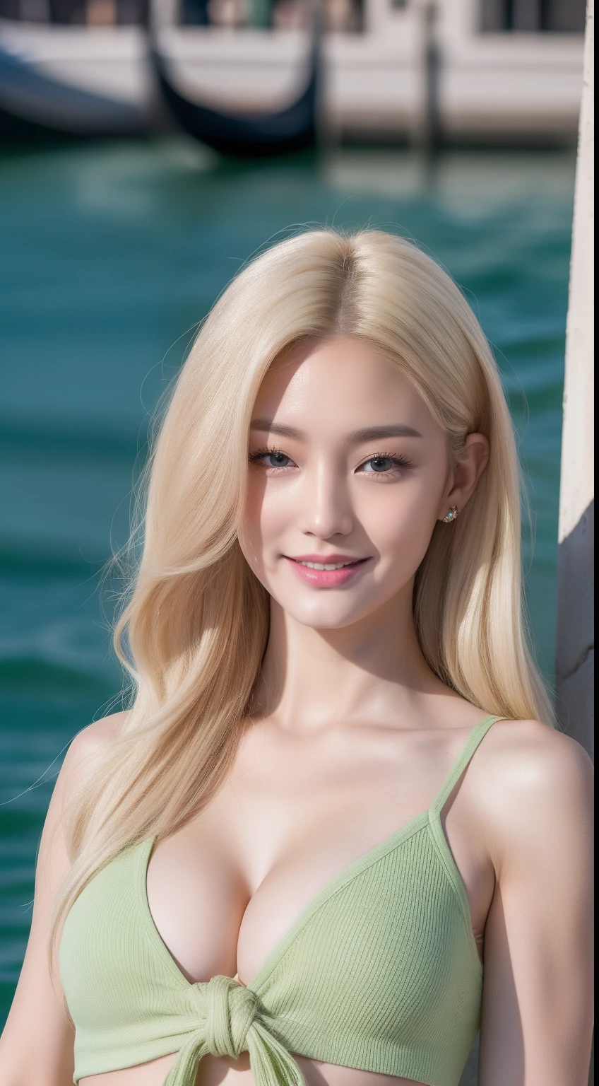 realistic photos of 1 cute Korean star, blonde multi-tied hair , white skin, thin makeup, 32 inch breasts size, slightly smile, green crop top, pants, in Venice, close-up, UHD