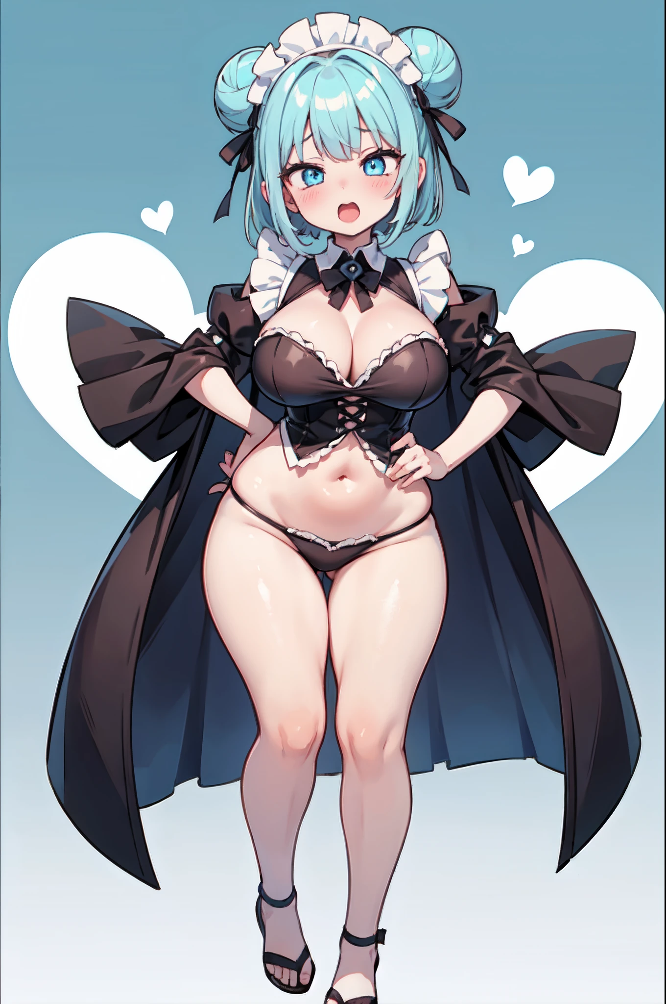 ((masterpiece)), ((best quality)), (ultra detaile:1.2), Pose like an erotic doujinshi character, //, a cute girl, 1girl, (solo:1.2), //, Maid costume, //, beautiful Pastel blue hair, ((beautiful eyes)), white-skinned, Bun hair style, big breasts, Voluptuous body, //, (ahegao:1.3), laughing, full body, gradation, //, Light blue-based heart pattern background, //, shiny-glistening, ultra shiny body, gleaming