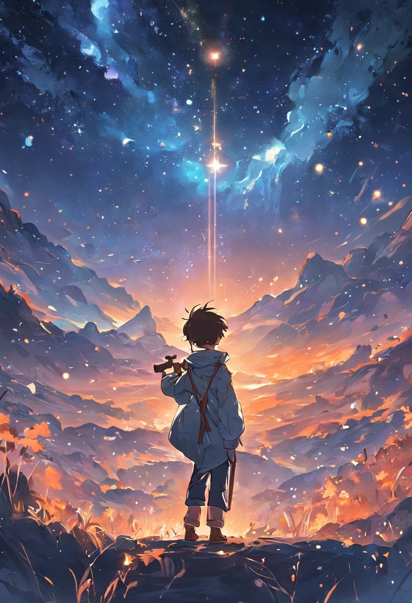 Illustration of a fantasy world with a small explorer holding a telescope, Looking up at the starry sky