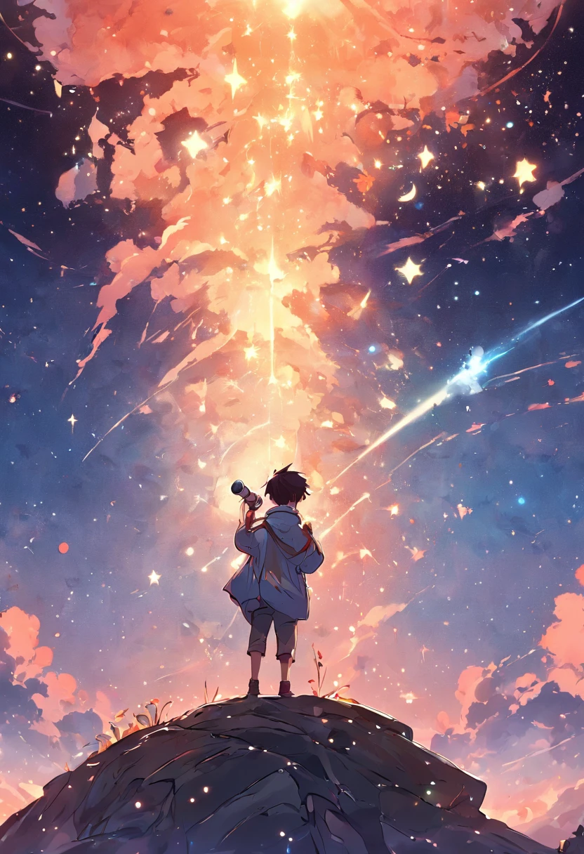 Illustration of a fantasy world with a small explorer holding a telescope, Looking up at the starry sky