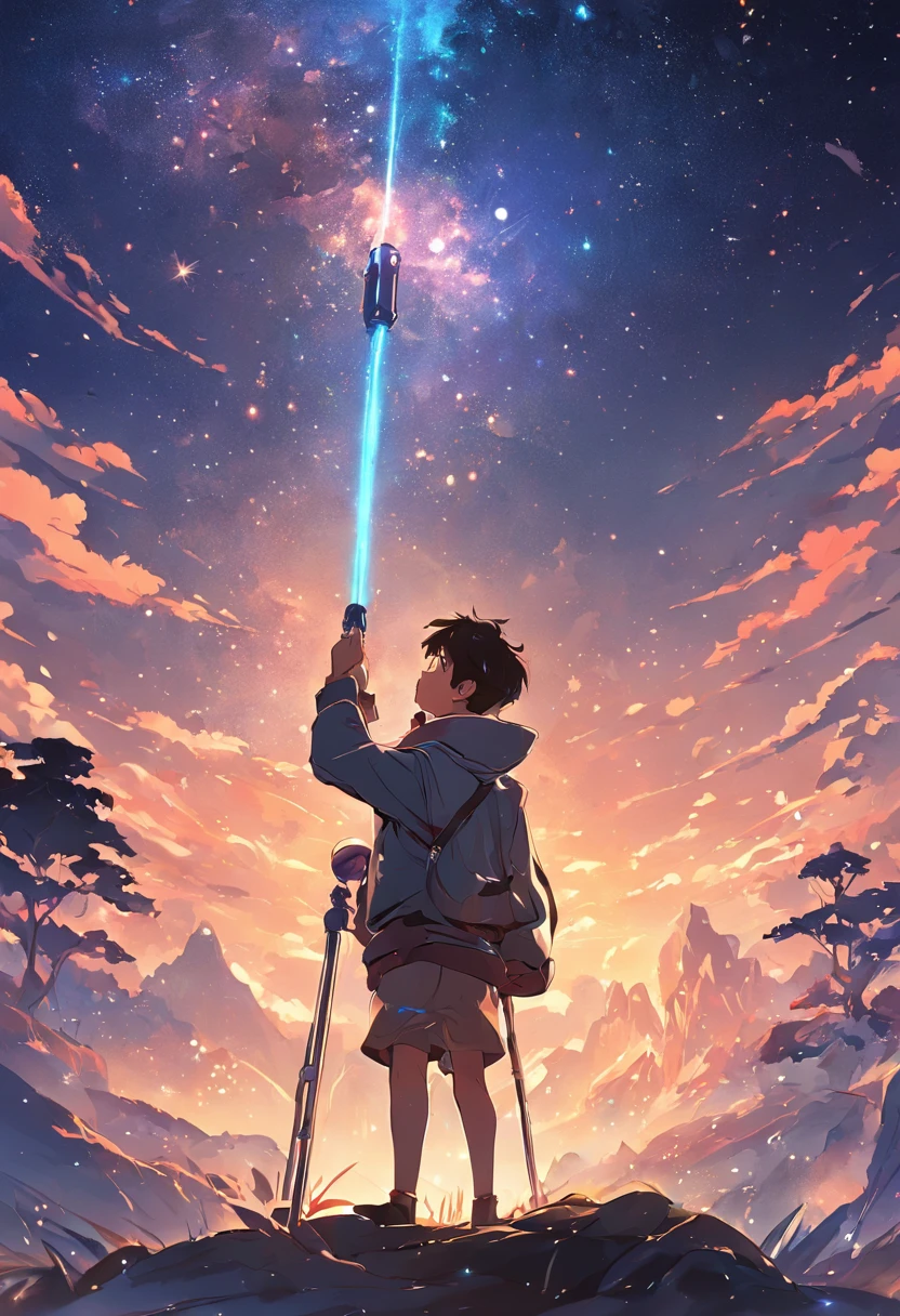 Illustration of a fantasy world with a small explorer holding a telescope, Looking up at the starry sky