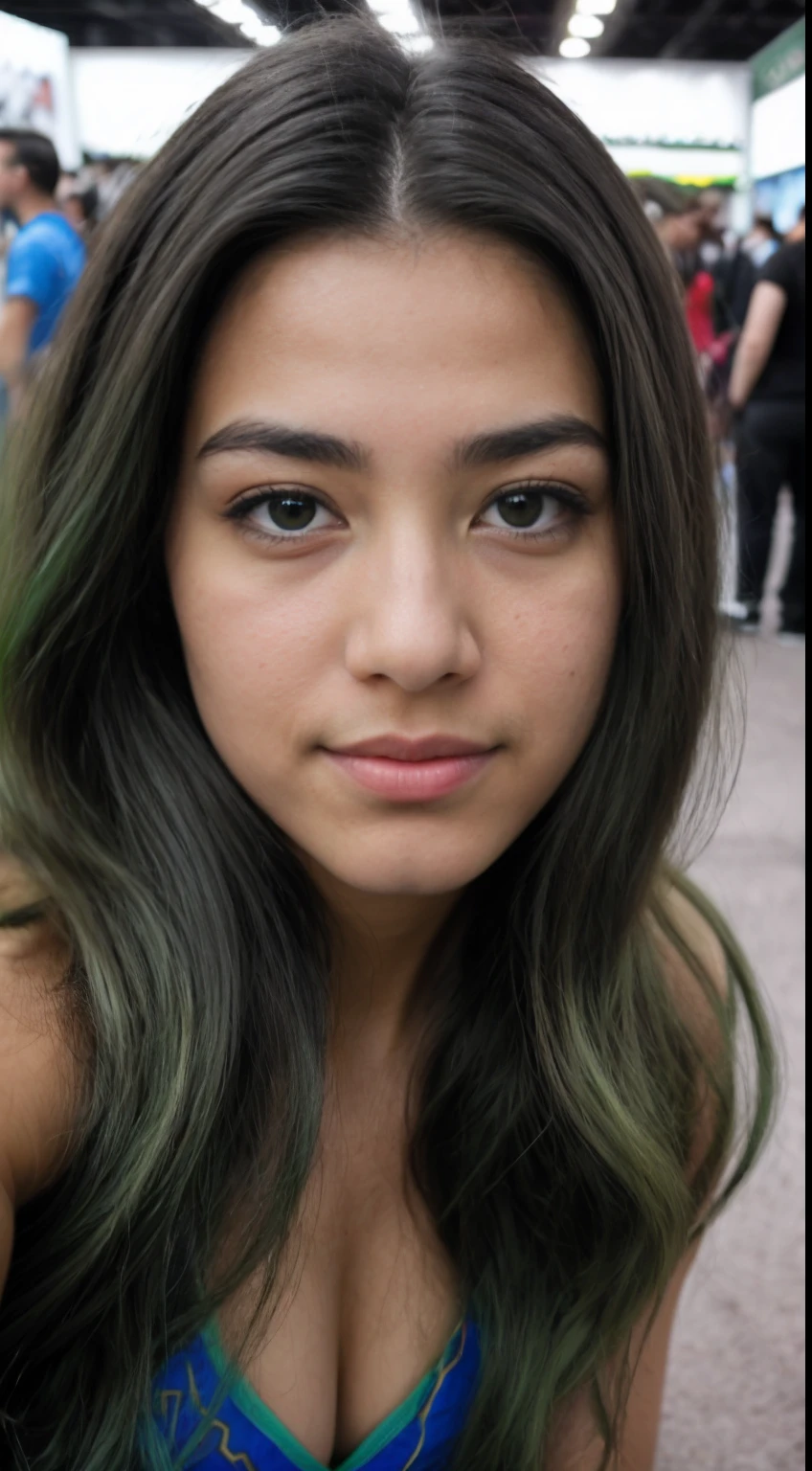 Foto RAW em sequencia, uma foto de uma adolescente anos, (com pintura napele verde)((vestindo como cosplay de she-hulk, na feira de quadrinhos comic-con)), (((fighting pose))), rosto detalhado, planos de fundo detalhados pouco desfocados, luzes naturais, HDR, foto realista, foto profissional, flerte com o espectador, visual sexy, fotorrealista, Linda, pele natural, 8k UHD, alta qualidade, filmic grain, Fujifilm XT3